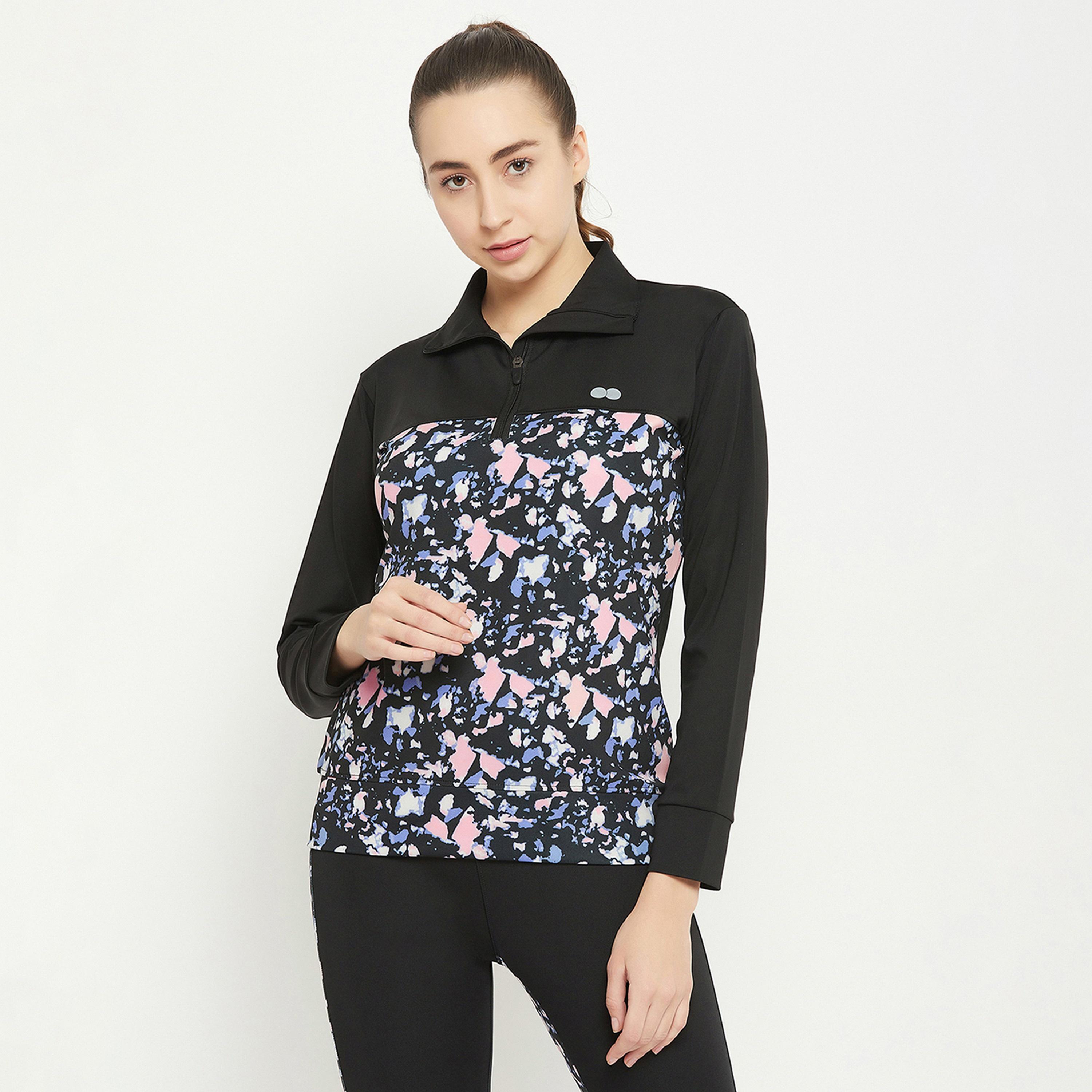 Clovia Comfort-Fit Women's Active Zipper T-Shirt in Black with Printed Panels-women-clothing-sportswearandactivewear-tshirtsandvests-image-1