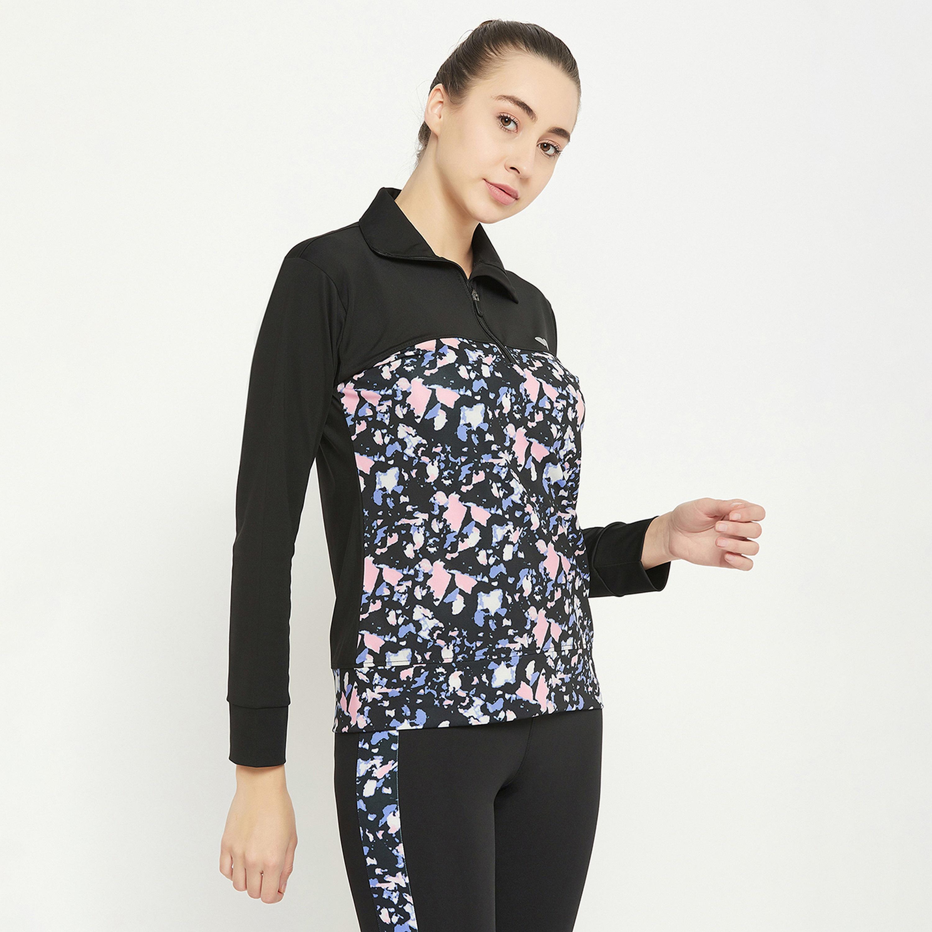 Clovia Comfort-Fit Women's Active Zipper T-Shirt in Black with Printed Panels-women-clothing-sportswearandactivewear-tshirtsandvests-image-3
