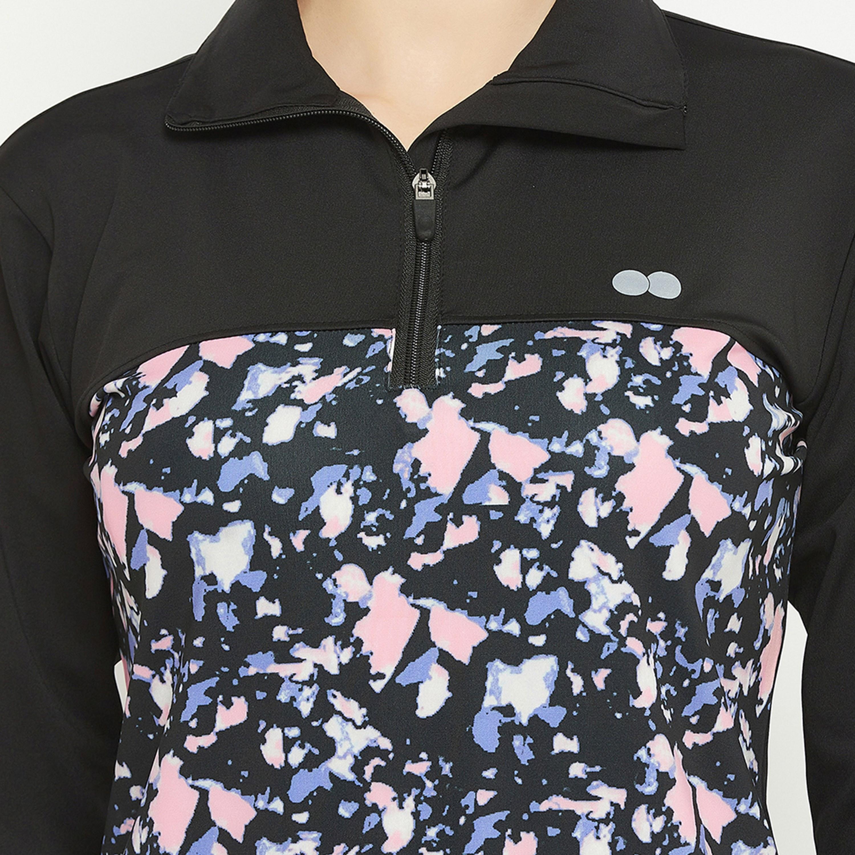 Clovia Comfort-Fit Women's Active Zipper T-Shirt in Black with Printed Panels-women-clothing-sportswearandactivewear-tshirtsandvests-image-5