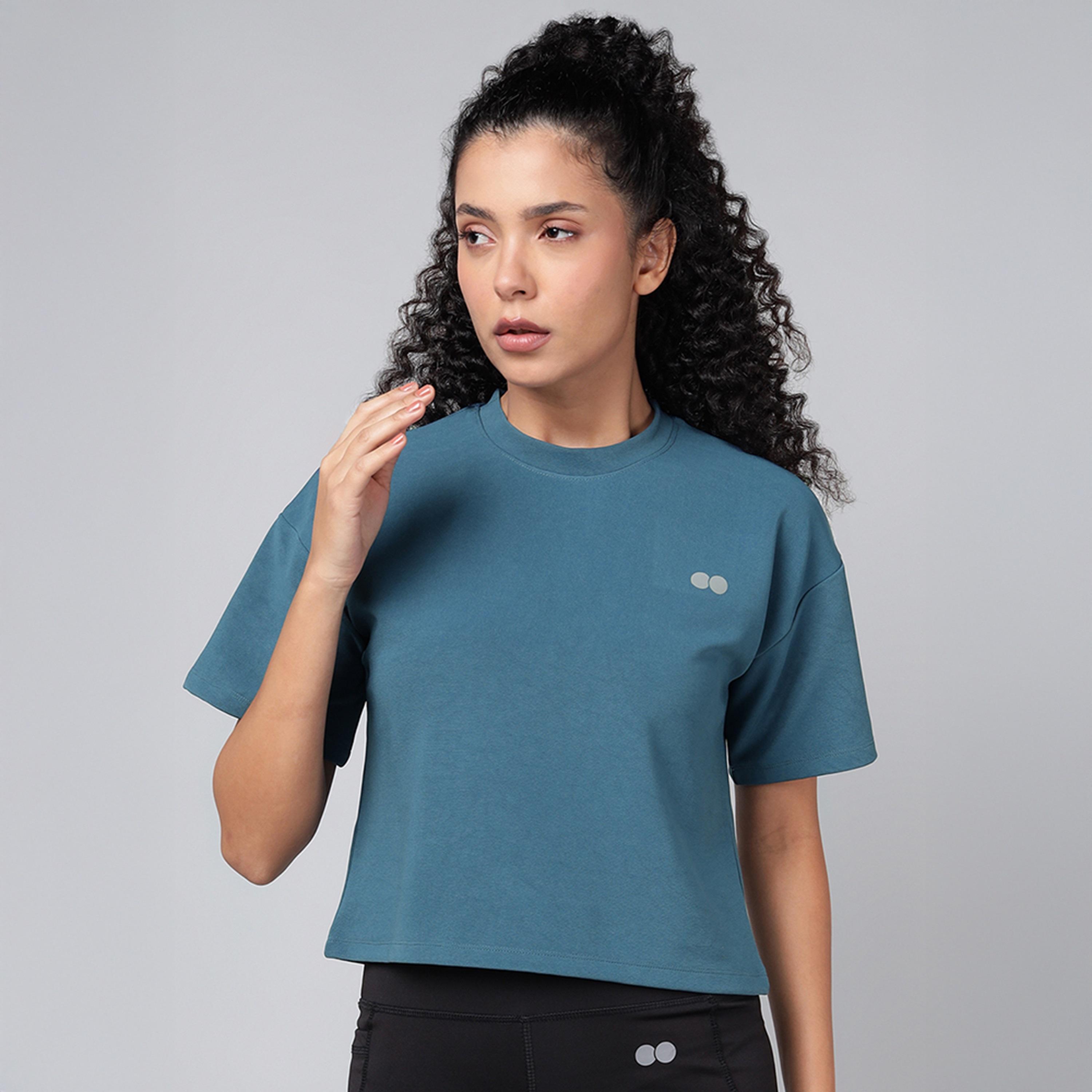 تي شيرت رياضي قصير بقصة مريحة - أزرق بحري غامق من كلوفيا-women-clothing-tshirts-image-1