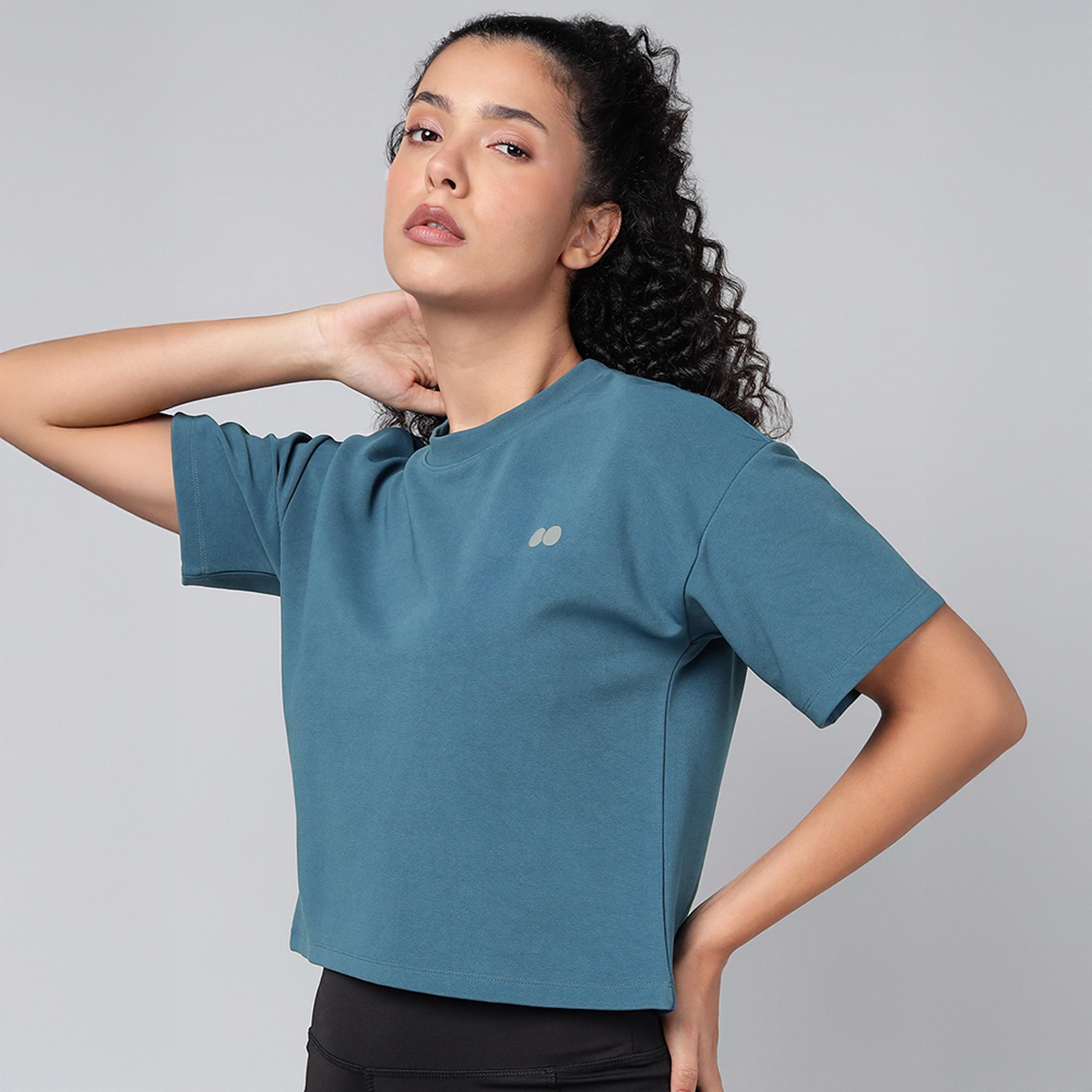 تي شيرت رياضي قصير بقصة مريحة - أزرق بحري غامق من كلوفيا-women-clothing-tshirts-image-3
