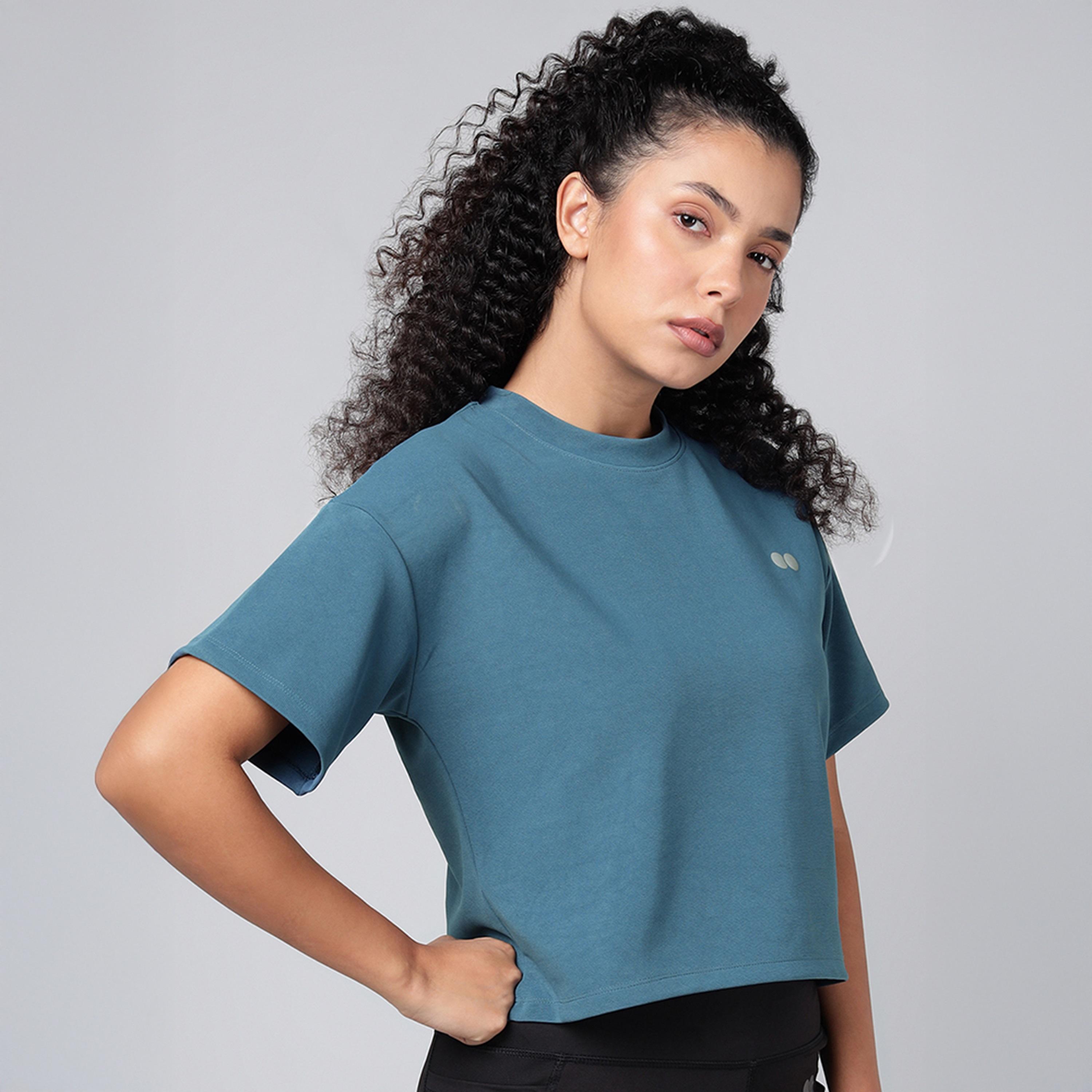 تي شيرت رياضي قصير بقصة مريحة - أزرق بحري غامق من كلوفيا-women-clothing-tshirts-image-4