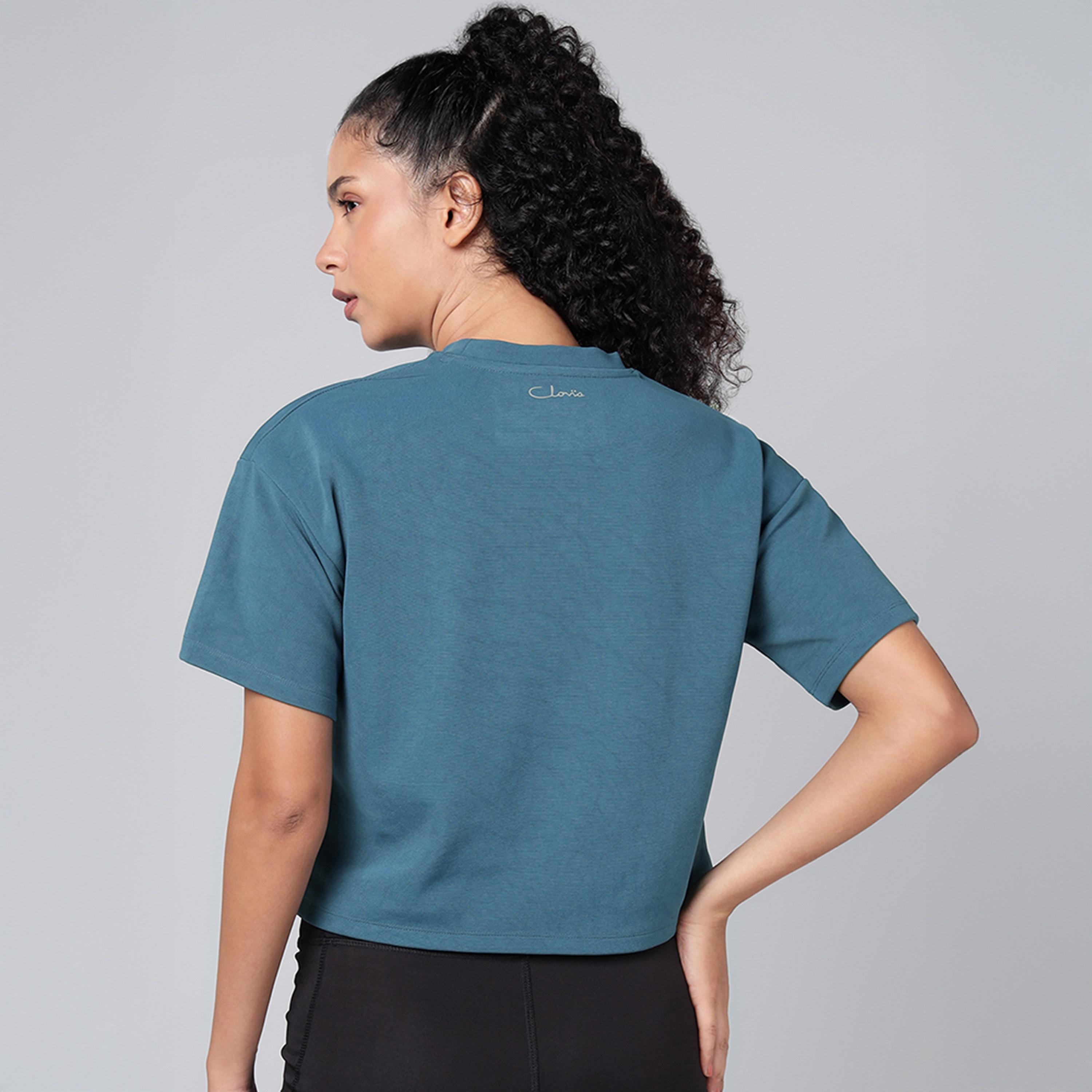 Clovia Comfort Fit Women's Active Crop T-Shirt in Deep Sea Blue-women-clothing-tshirts-image-5