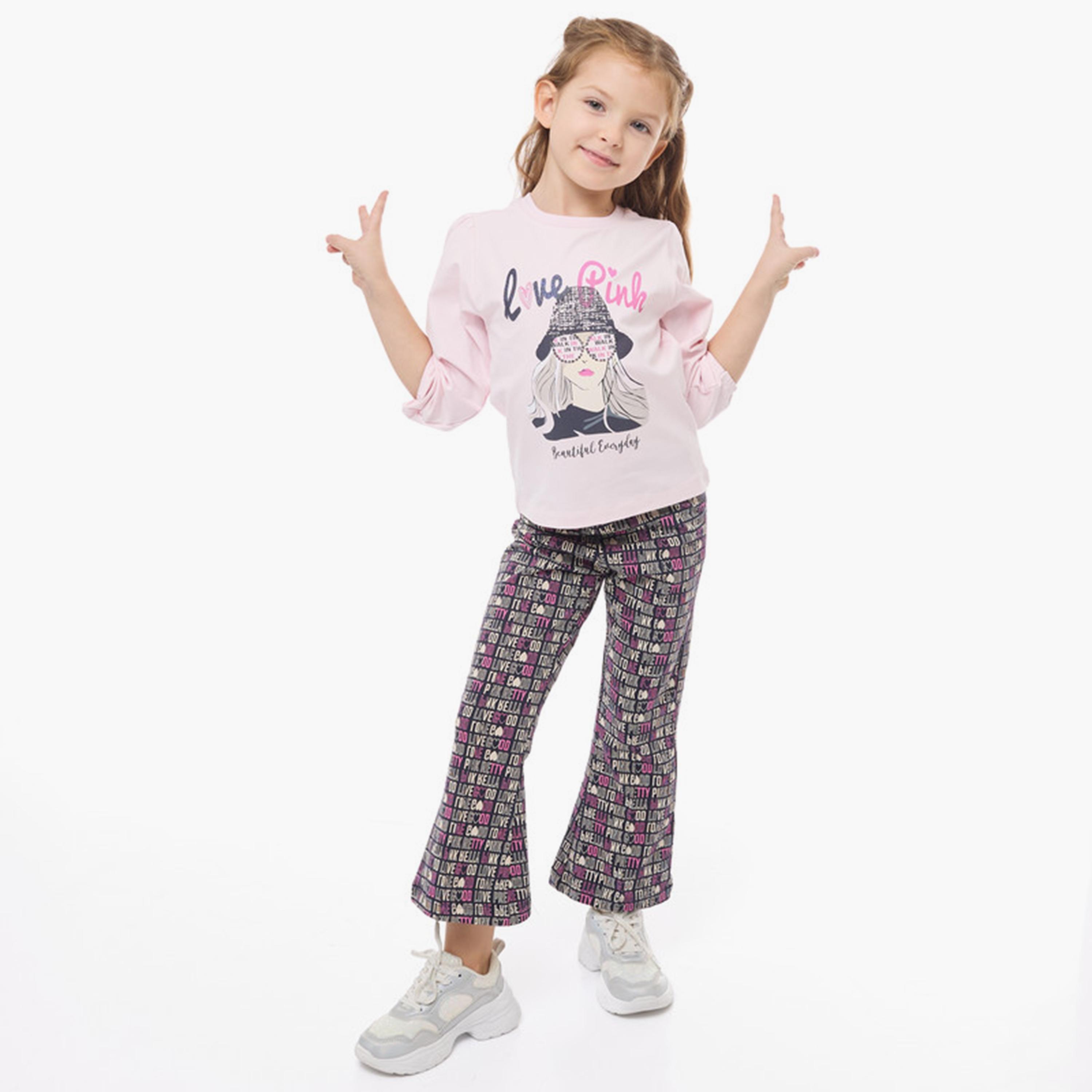 تي شيرت مطبوع بأكمام طويلة قطعتين مع بنطال ضيق من فيكتور اند جين-baby-girls-clothing-setsandcoords-image-1