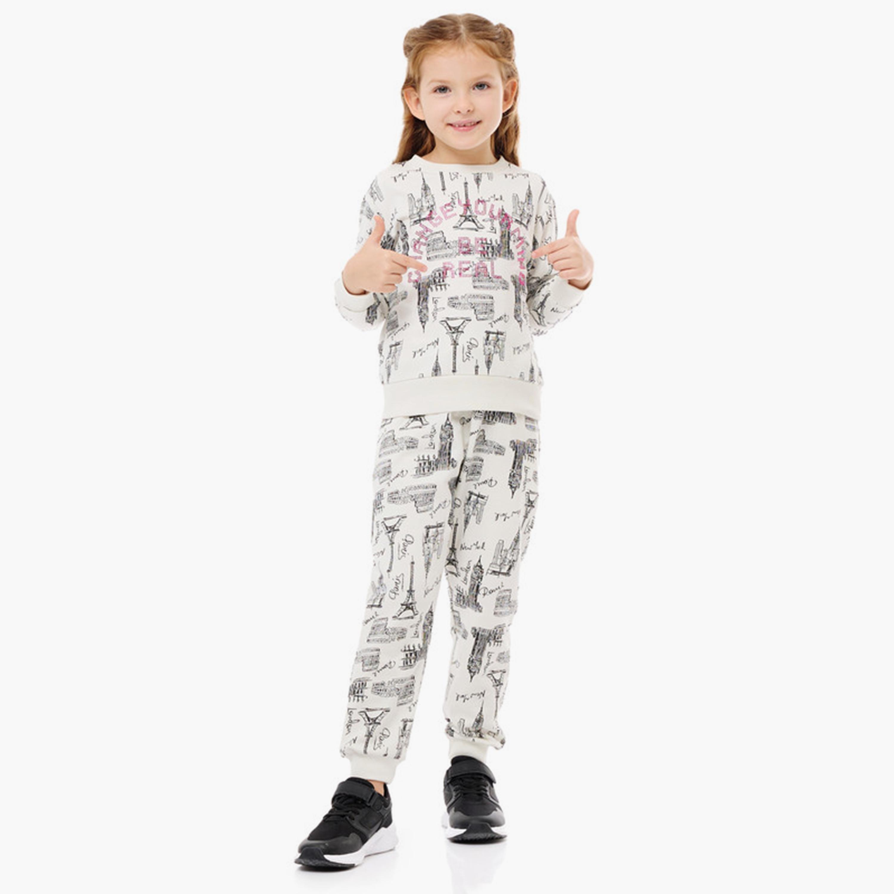 سويت شيرت مطبوع بأكمام طويلة من قطعتين مع بنطال ركض من فيكتور اند جين-girls-clothing-winterwear-setsandcoords-image-1