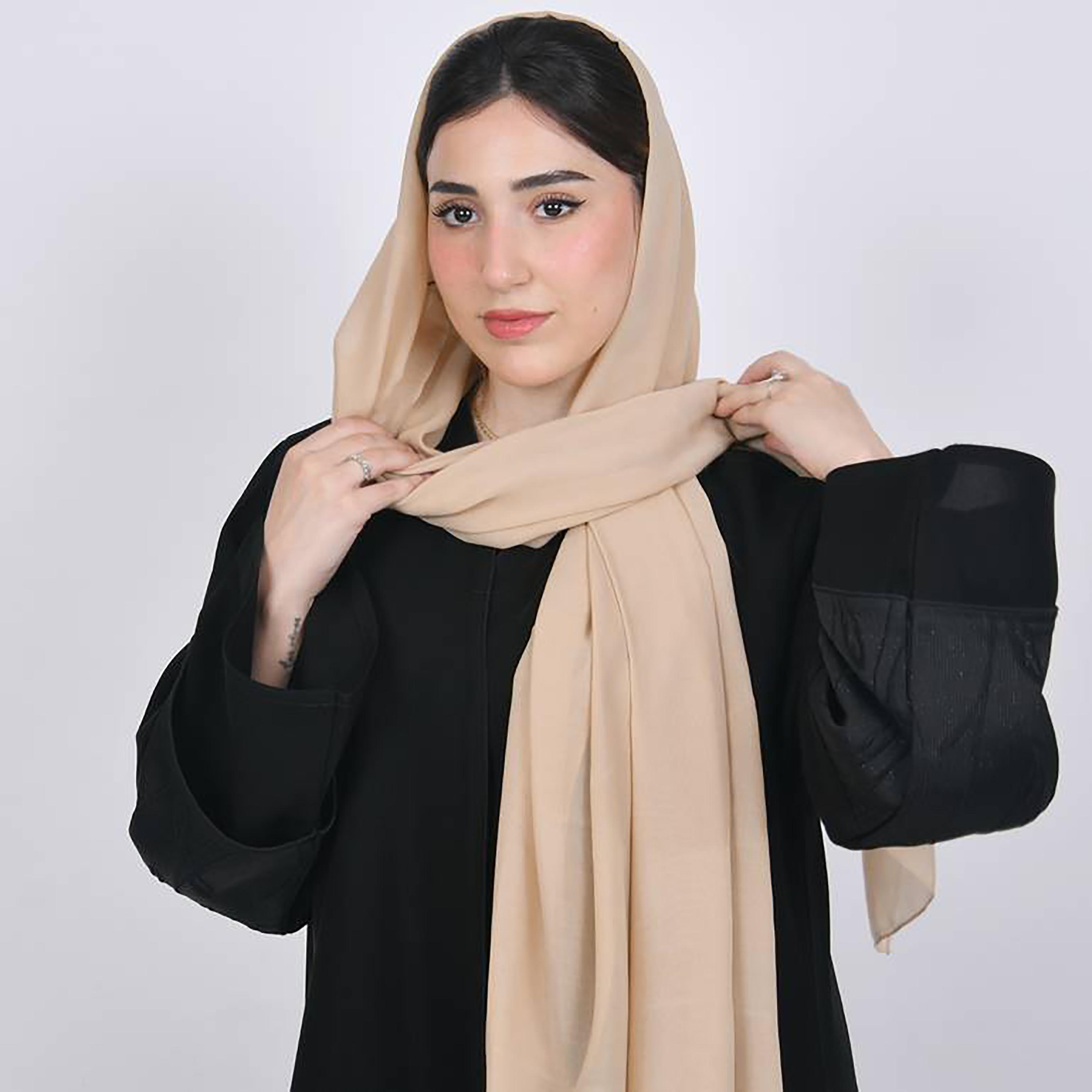 Hawraa Beige Plain Satin Hijab-women-arabicclothing-headscarf-hijab-image-4