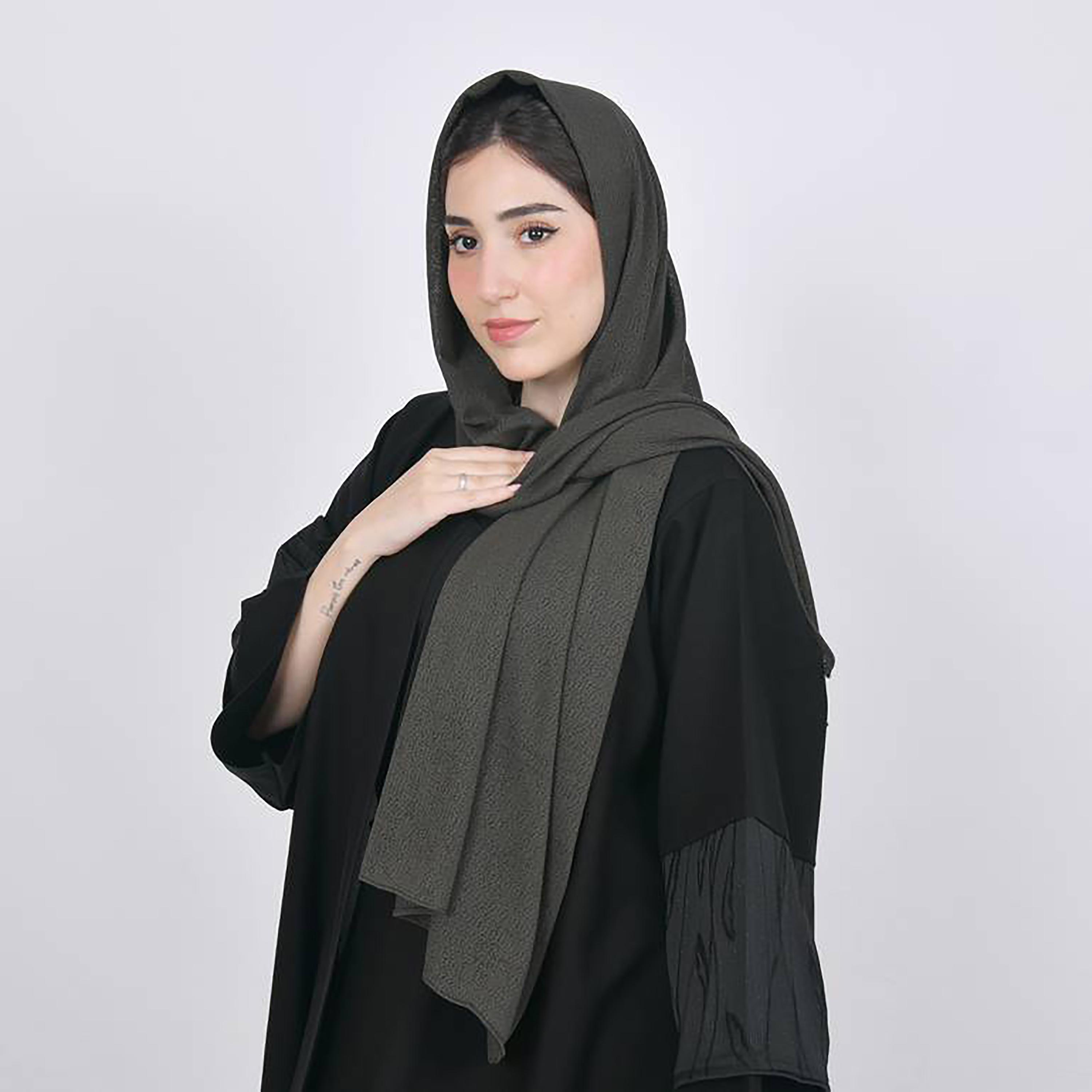 Hawraa Olive Green Textured Crepe Hijab-women-arabicclothing-headscarf-hijab-image-1