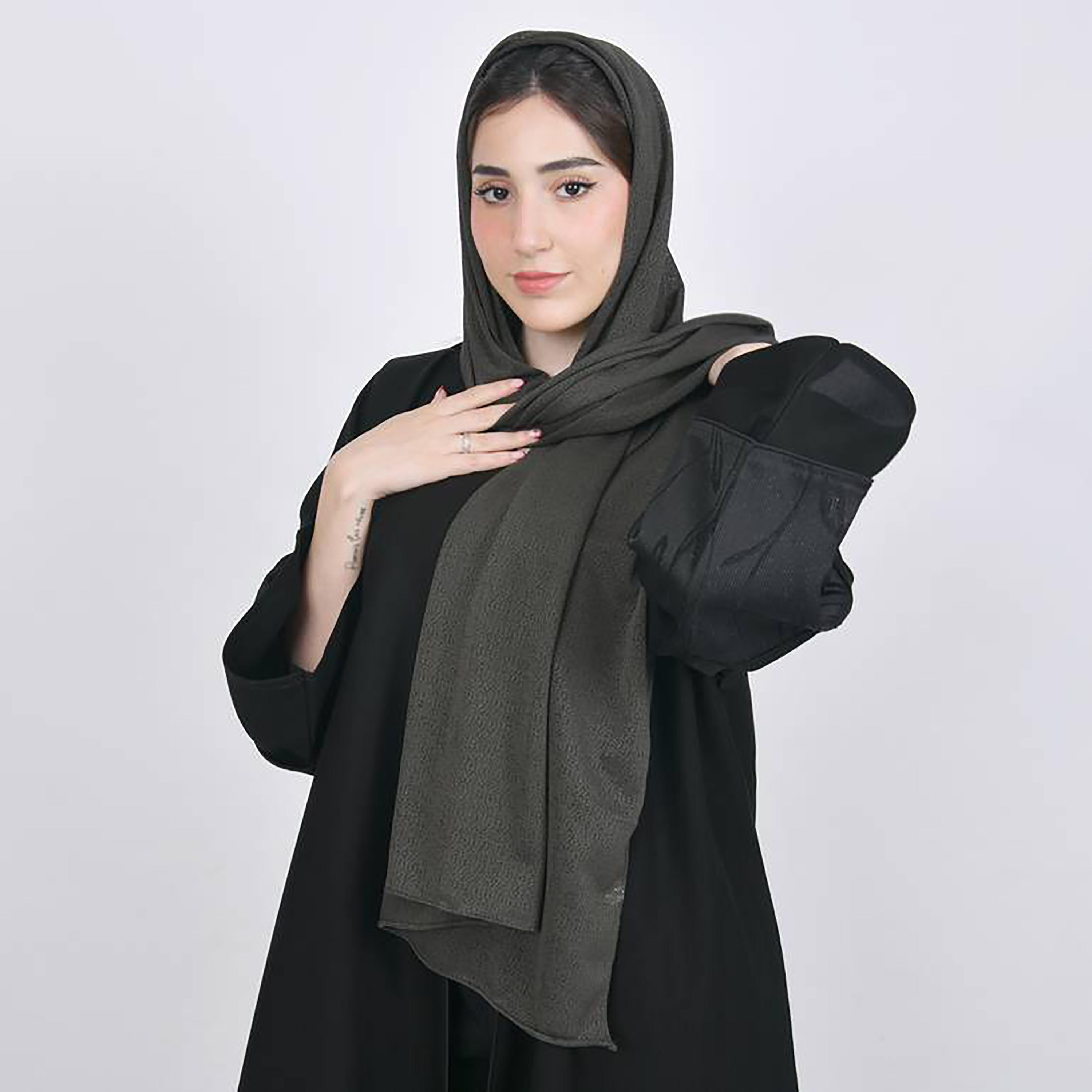 Hawraa Olive Green Textured Crepe Hijab-women-arabicclothing-headscarf-hijab-image-3