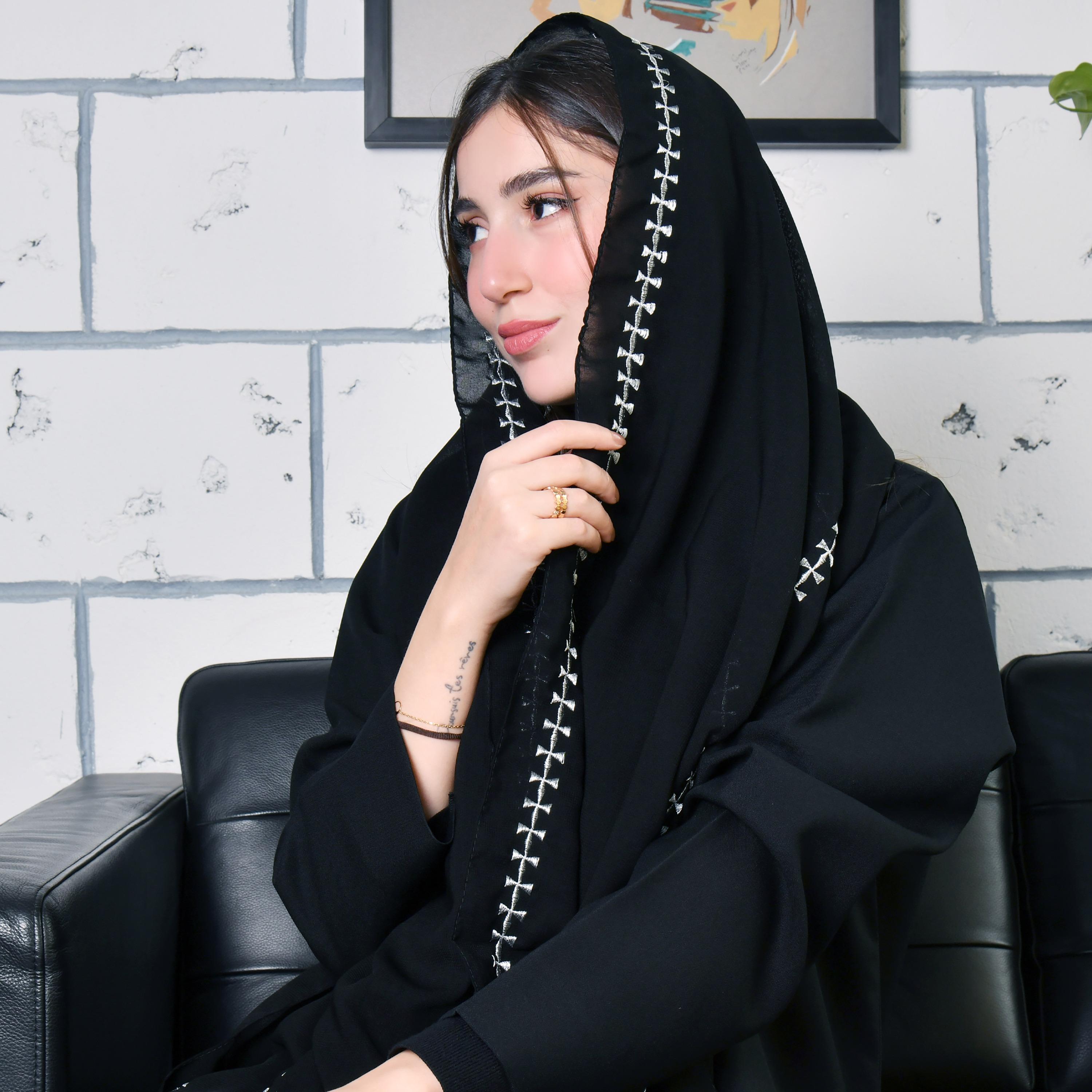 Hawraa Black Silver Embroidered Satin Hijab-women-arabicclothing-headscarf-hijab-image-1