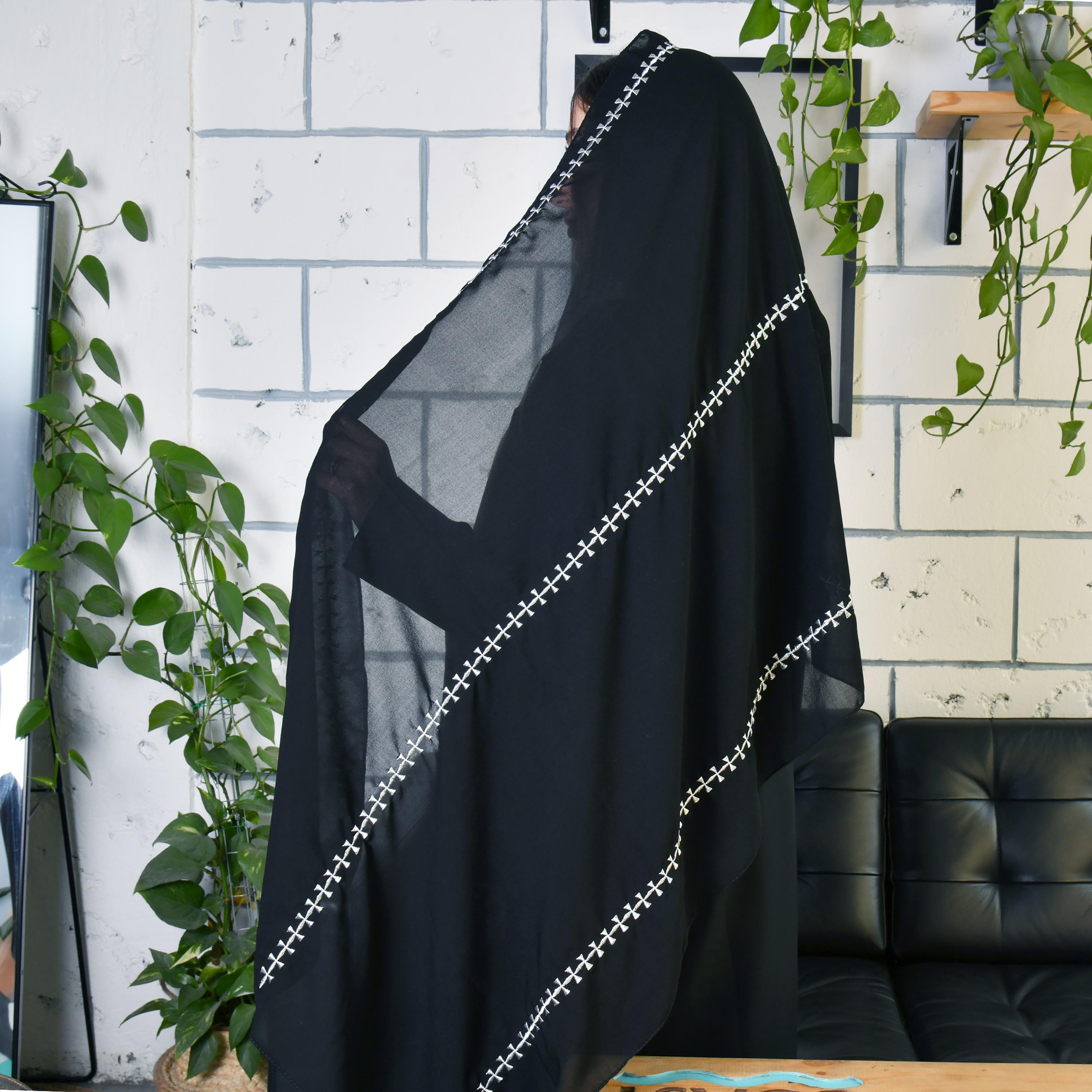 Hawraa Black Silver Embroidered Satin Hijab-women-arabicclothing-headscarf-hijab-image-2
