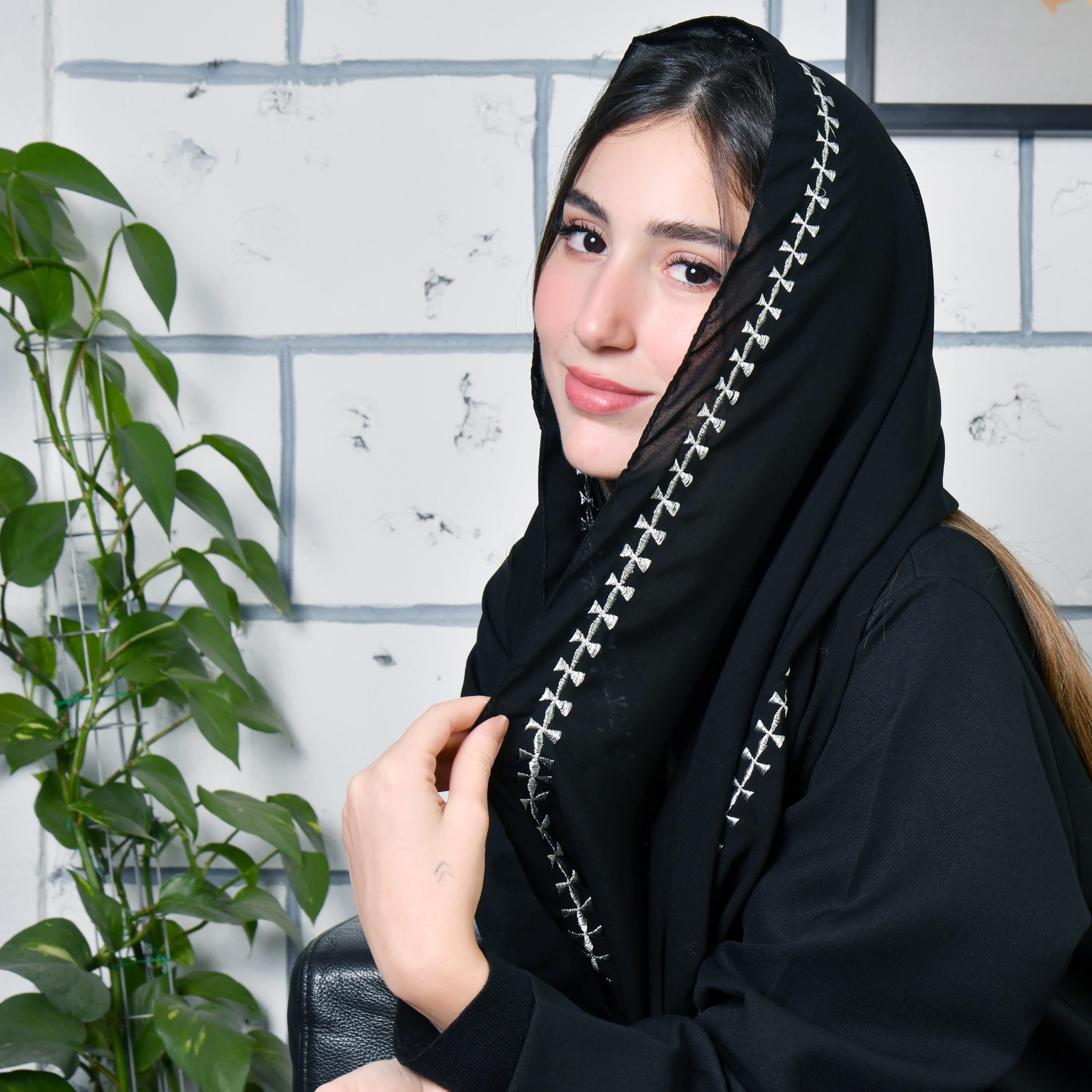 Hawraa Black Silver Embroidered Satin Hijab-women-arabicclothing-headscarf-hijab-image-4