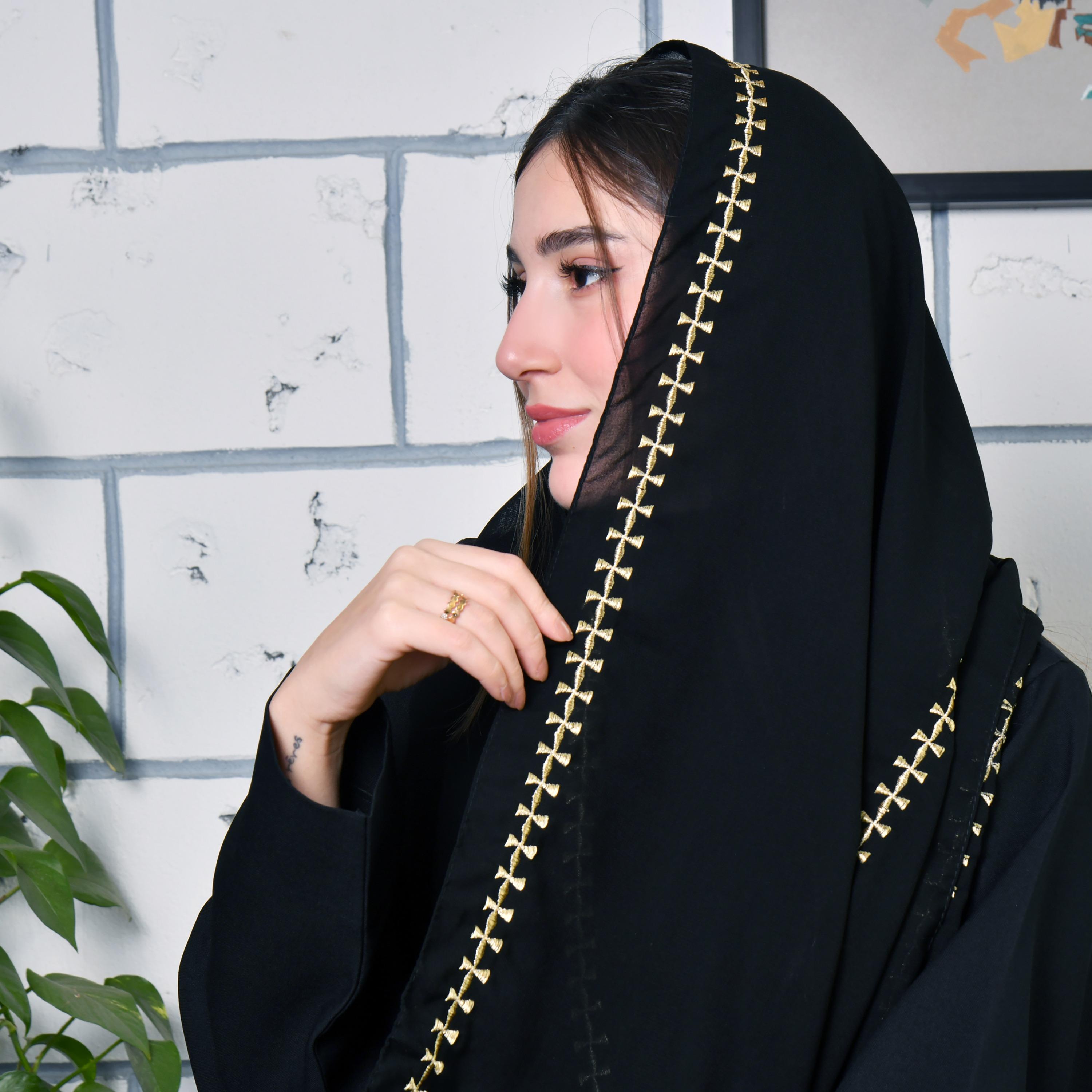 Hawraa Black Gold Embroidered Satin Hijab-women-arabicclothing-headscarf-hijab-image-2