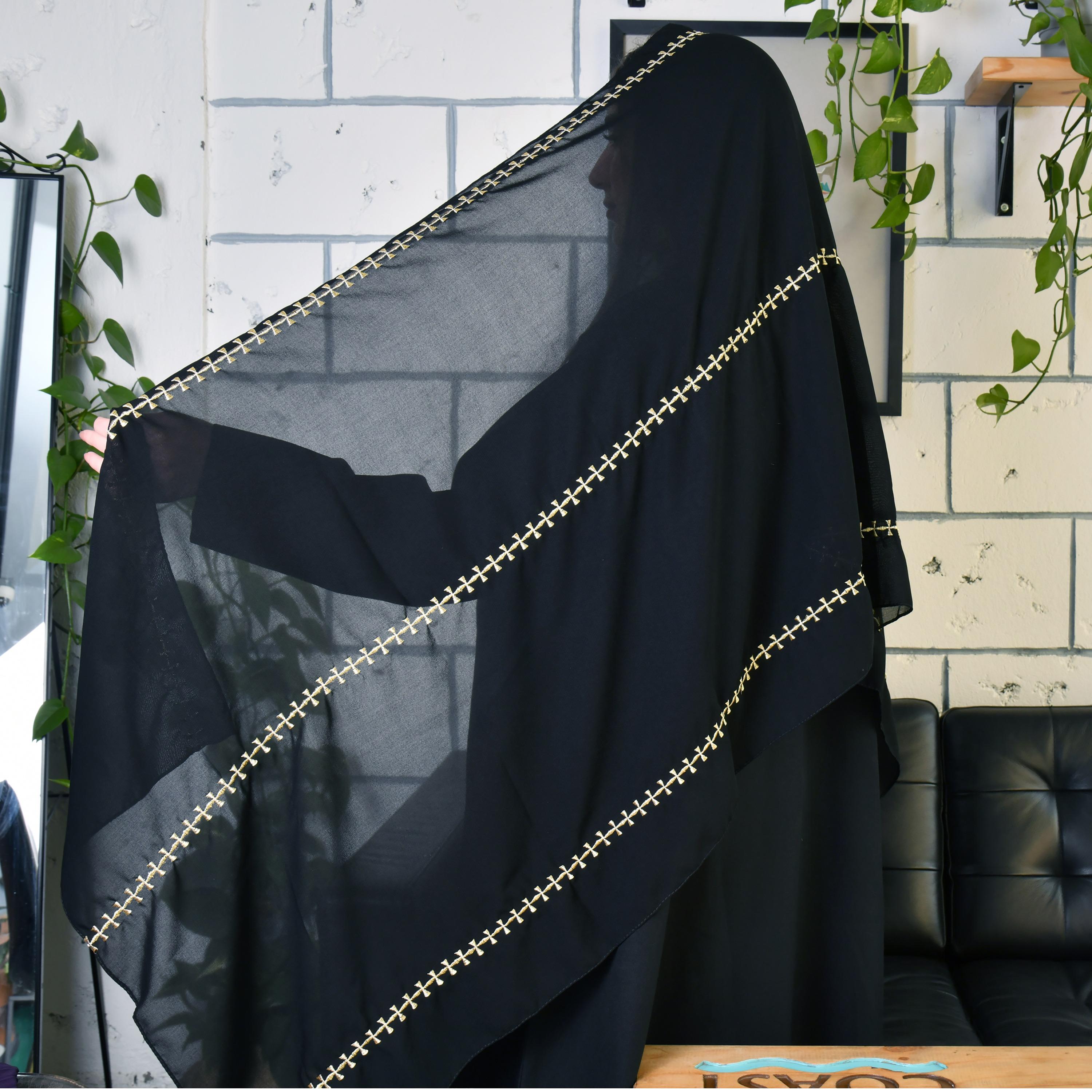 Hawraa Black Gold Embroidered Satin Hijab-women-arabicclothing-headscarf-hijab-image-3