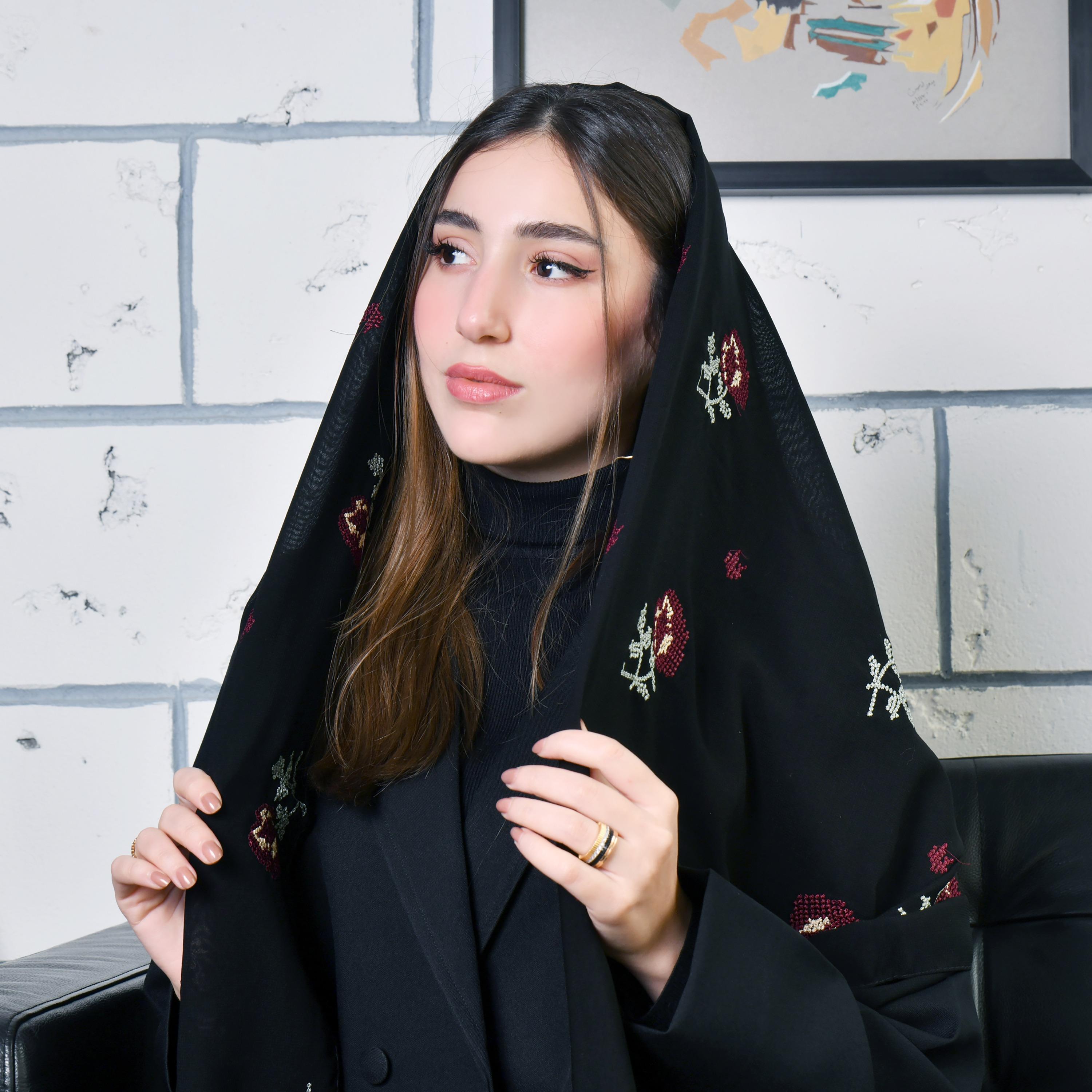 Hawraa Black Embroidered Satin Hijab-women-arabicclothing-headscarf-hijab-image-1