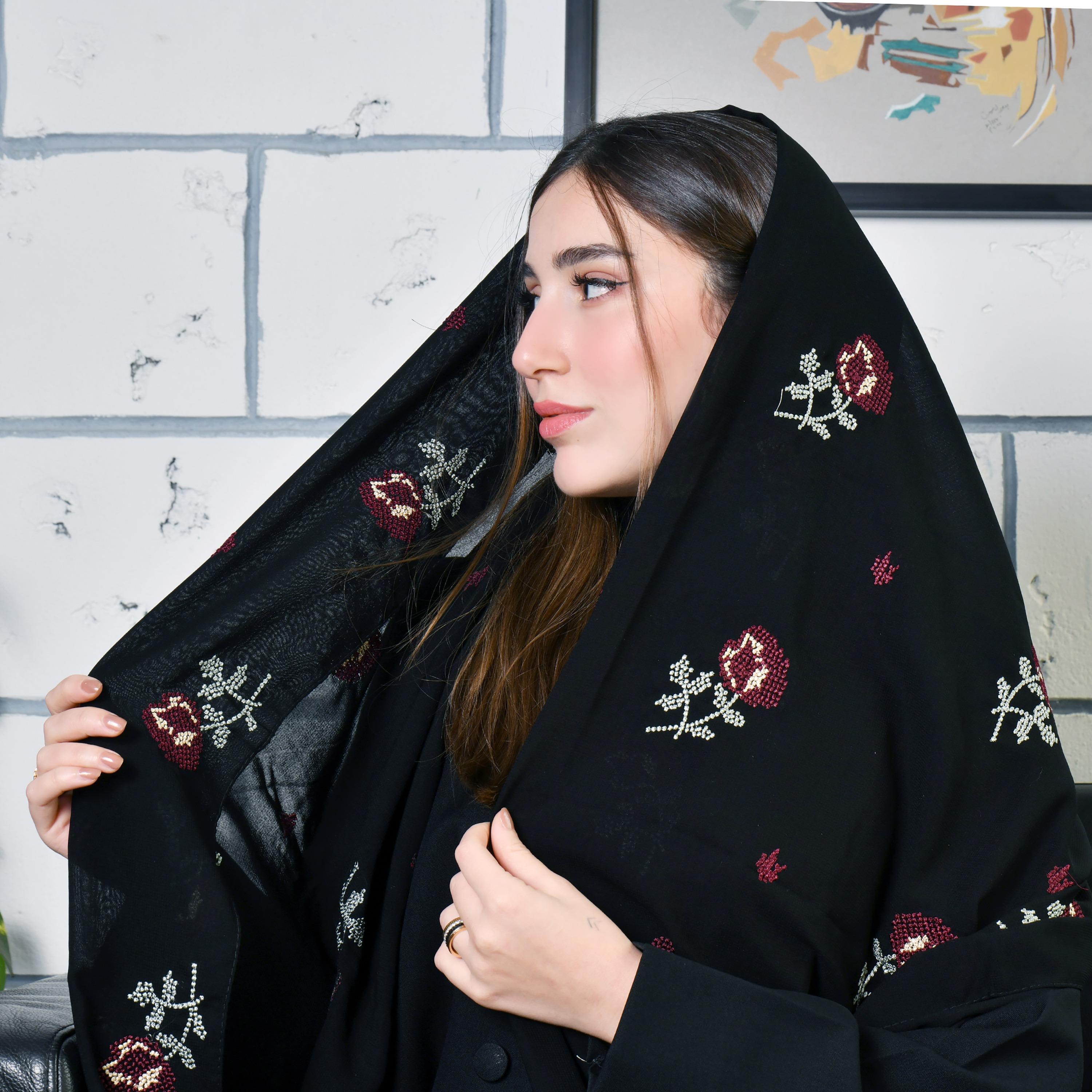 Hawraa Black Embroidered Satin Hijab-women-arabicclothing-headscarf-hijab-image-2