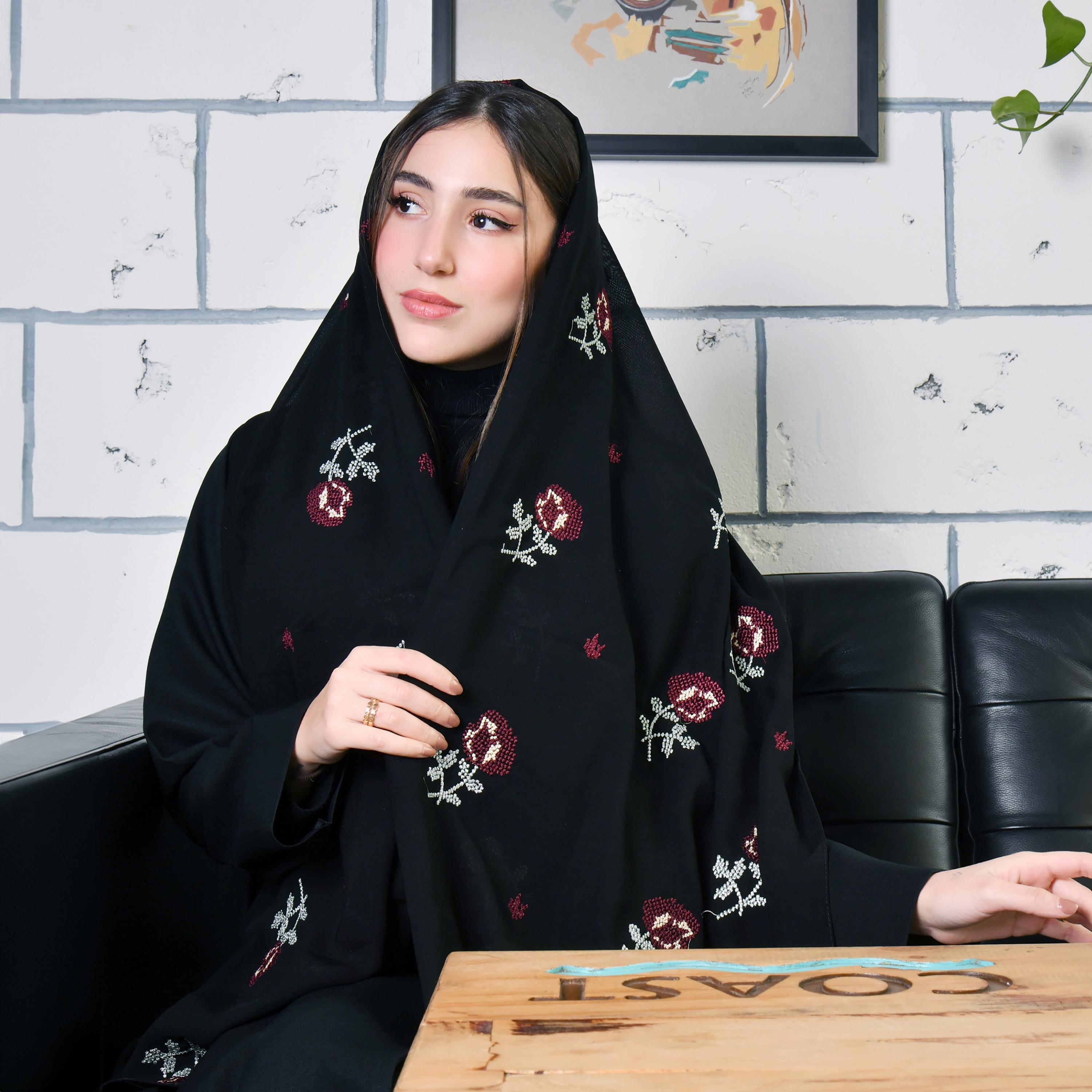 Hawraa Black Embroidered Satin Hijab-women-arabicclothing-headscarf-hijab-image-3