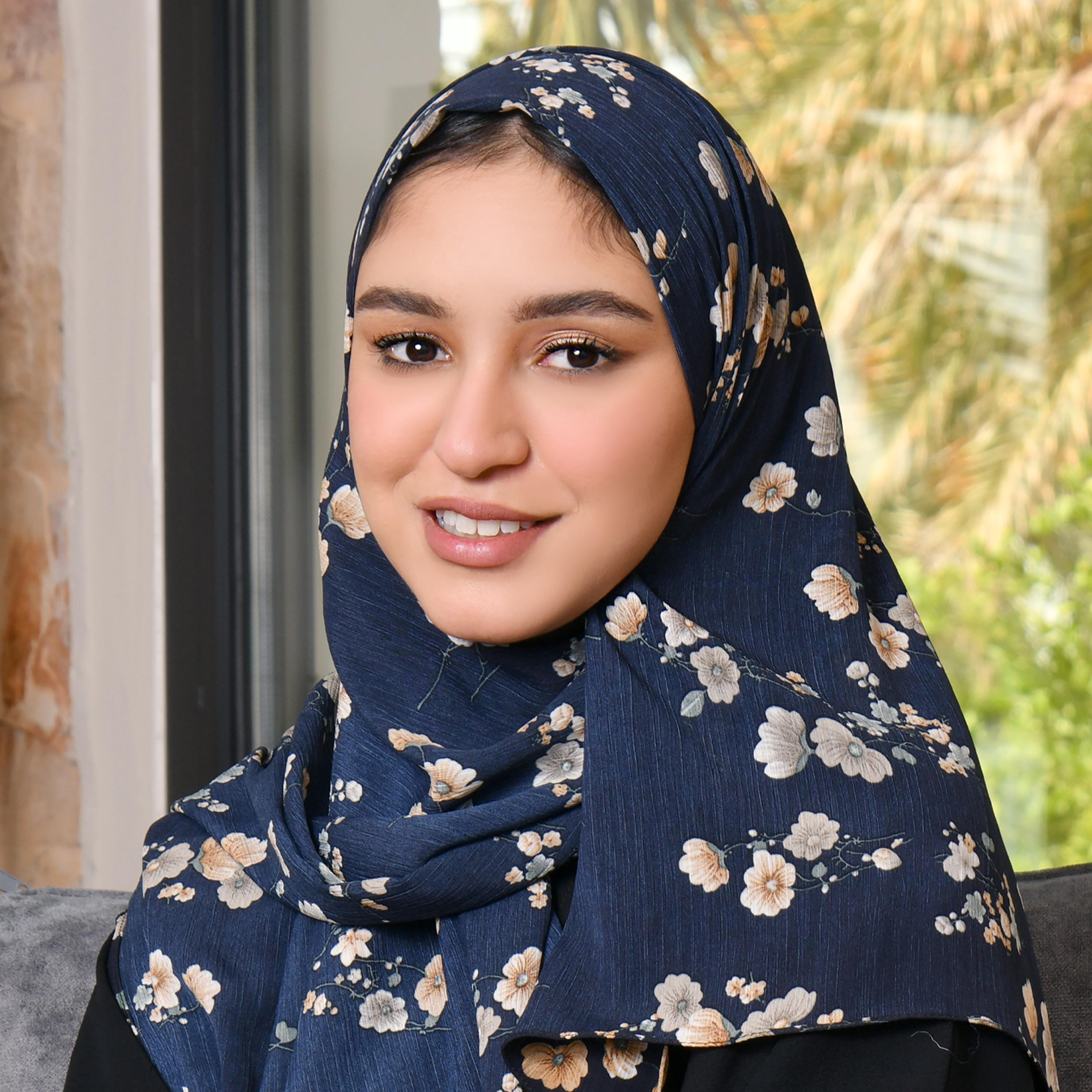 Hawraa Navy Blue Floral Satin Hijab-women-arabicclothing-headscarf-hijab-image-1
