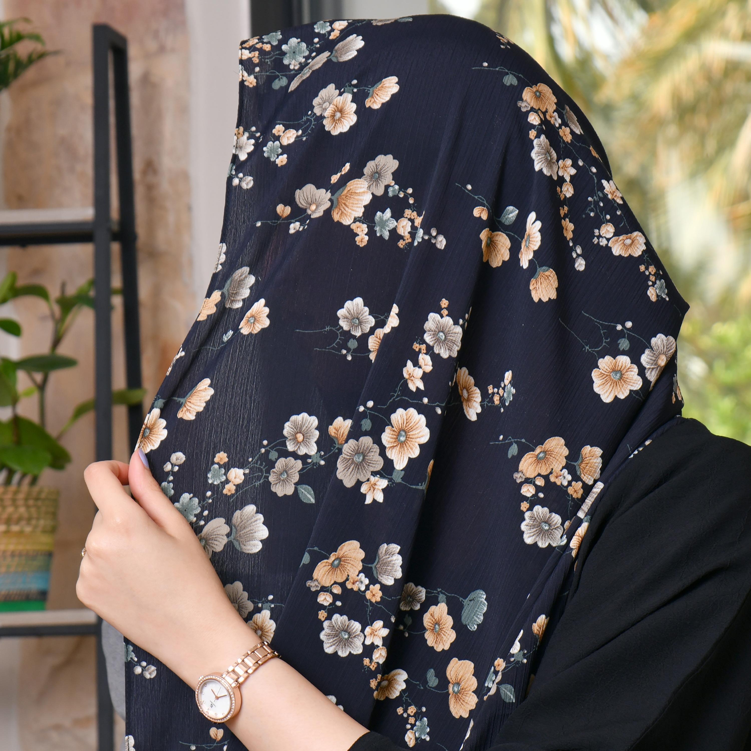 Hawraa Navy Blue Floral Satin Hijab-women-arabicclothing-headscarf-hijab-image-2