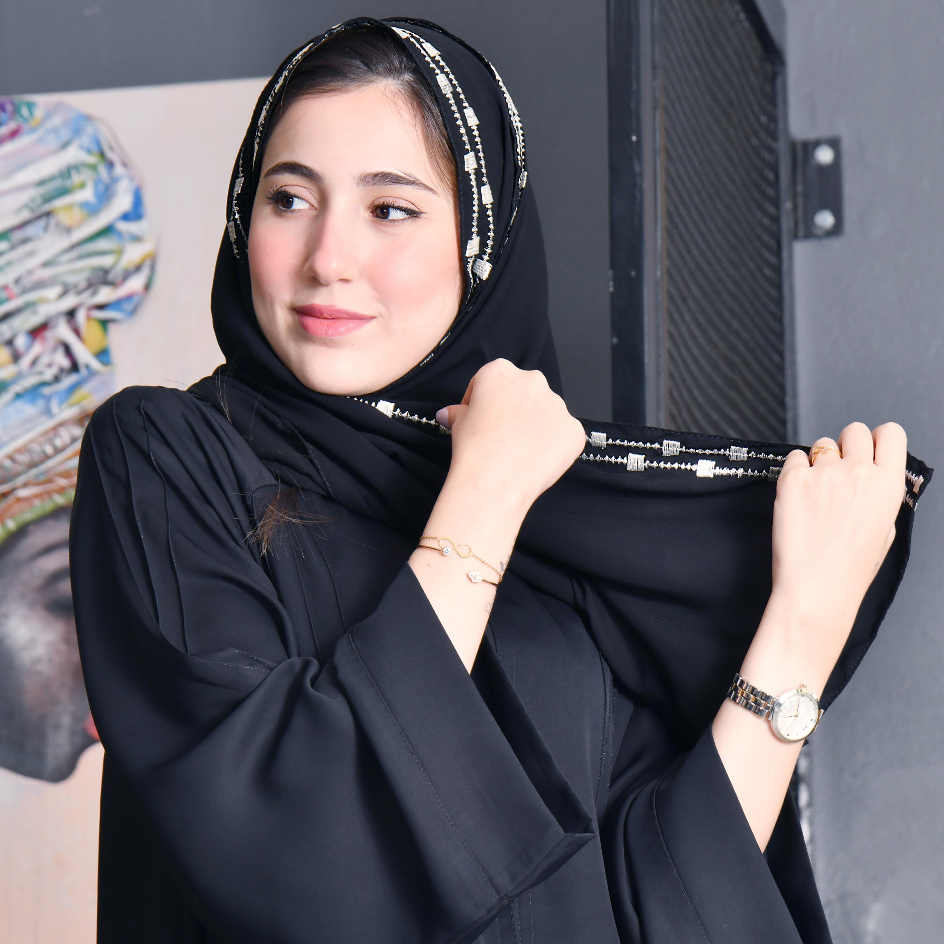 Hawraa Black Embroidered Crepe Hijab-women-arabicclothing-headscarf-hijab-image-1