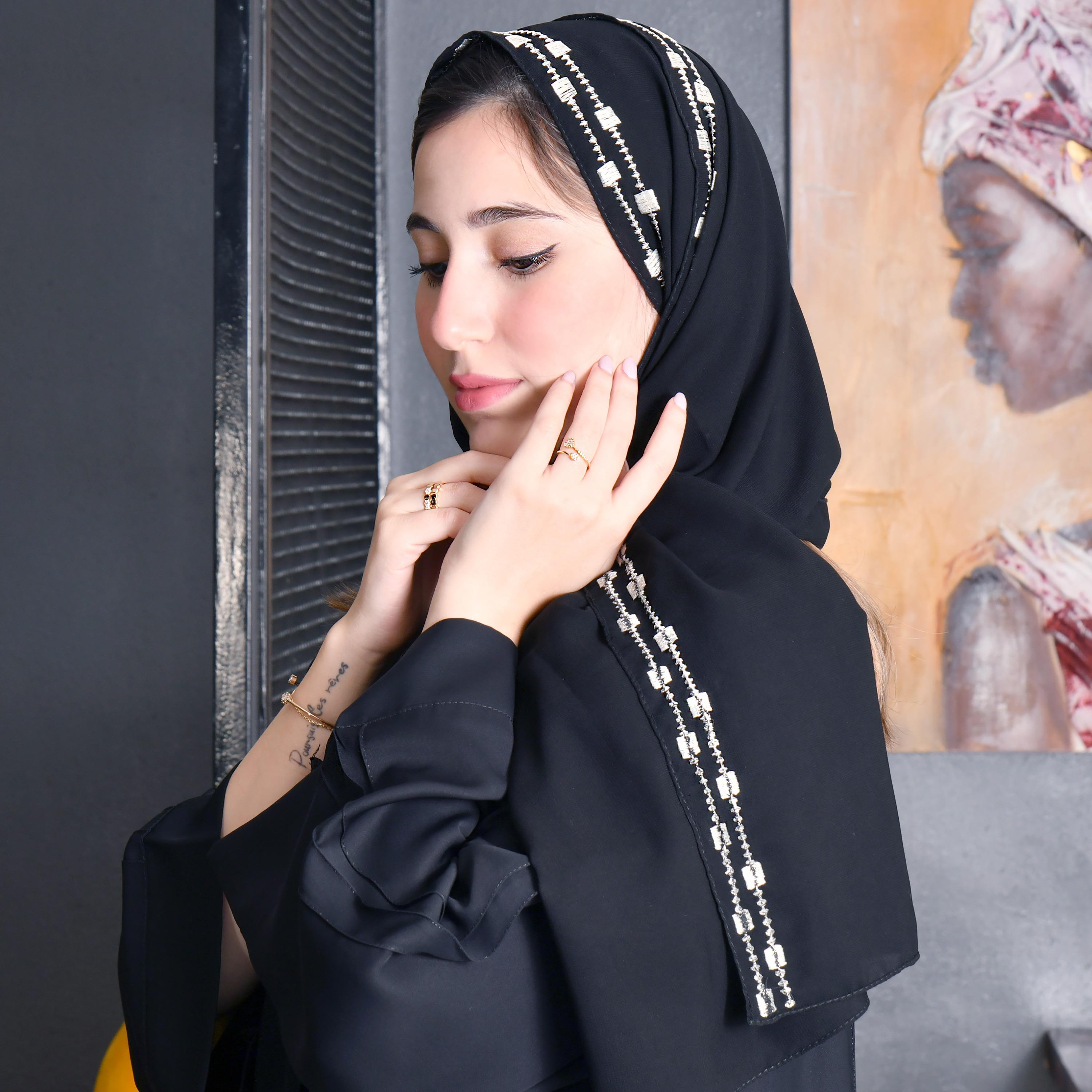 Hawraa Black Embroidered Crepe Hijab-women-arabicclothing-headscarf-hijab-image-2