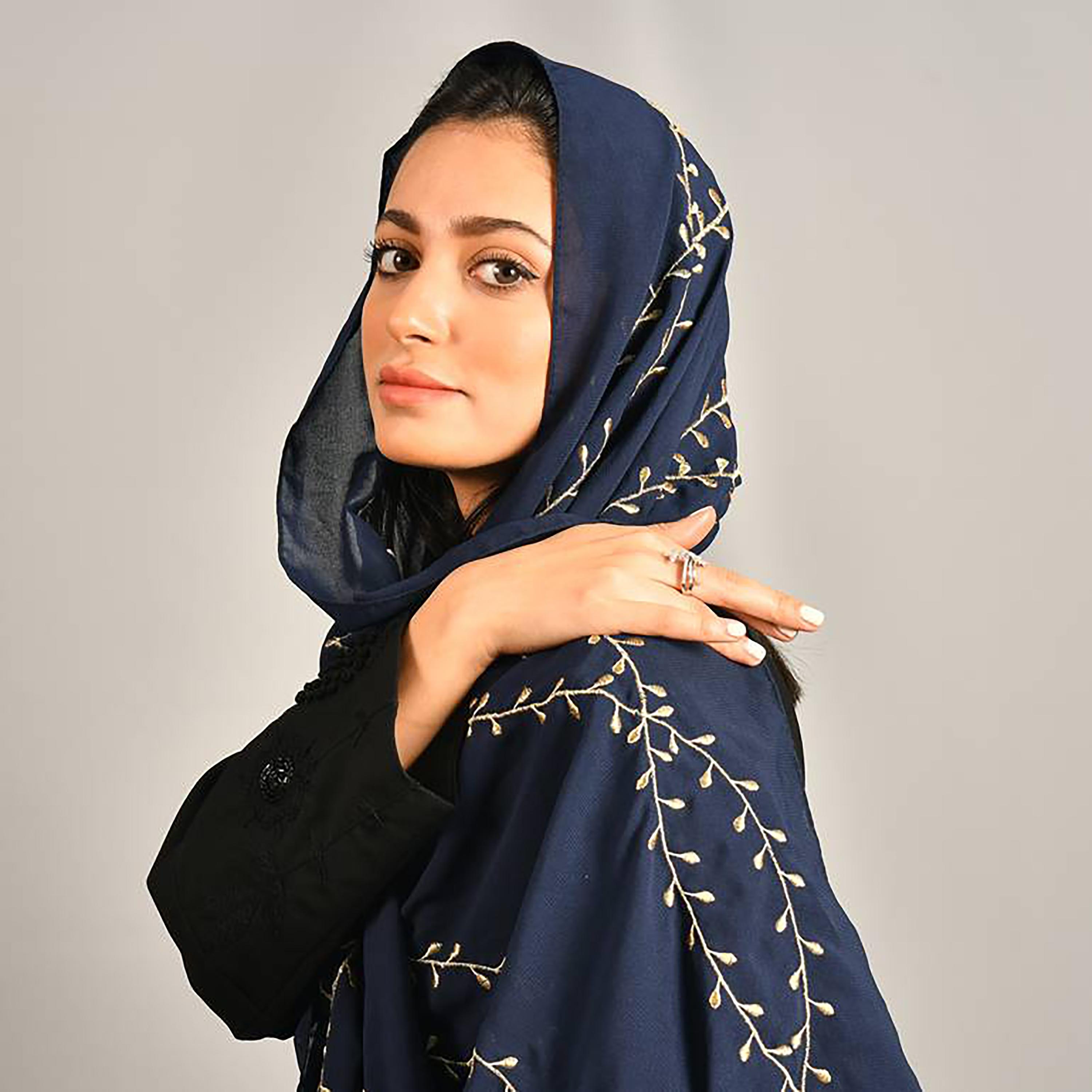 Hawraa Navy Blue Embroidered Satin Hijab-women-arabicclothing-headscarf-hijab-image-2