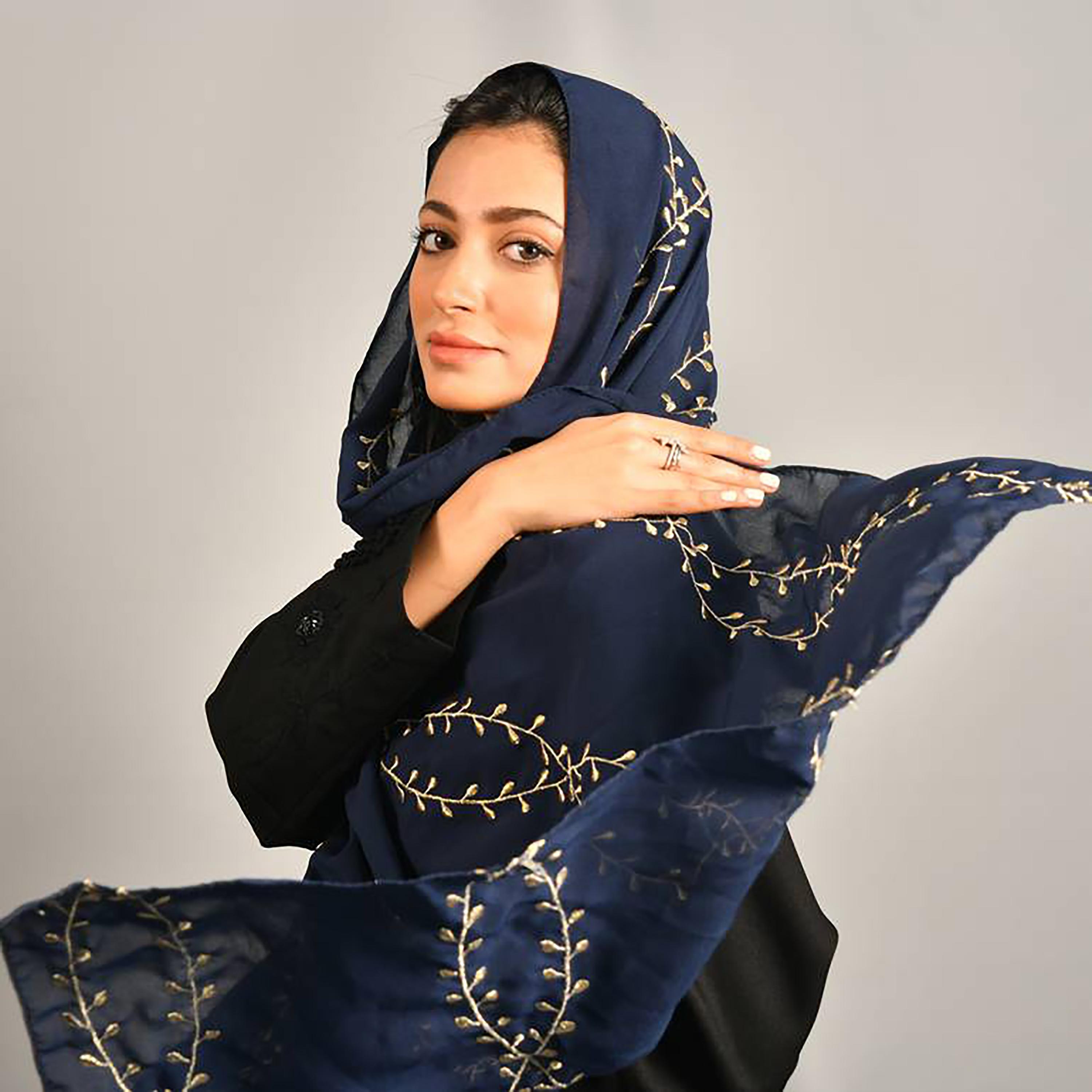Hawraa Navy Blue Embroidered Satin Hijab-women-arabicclothing-headscarf-hijab-image-3