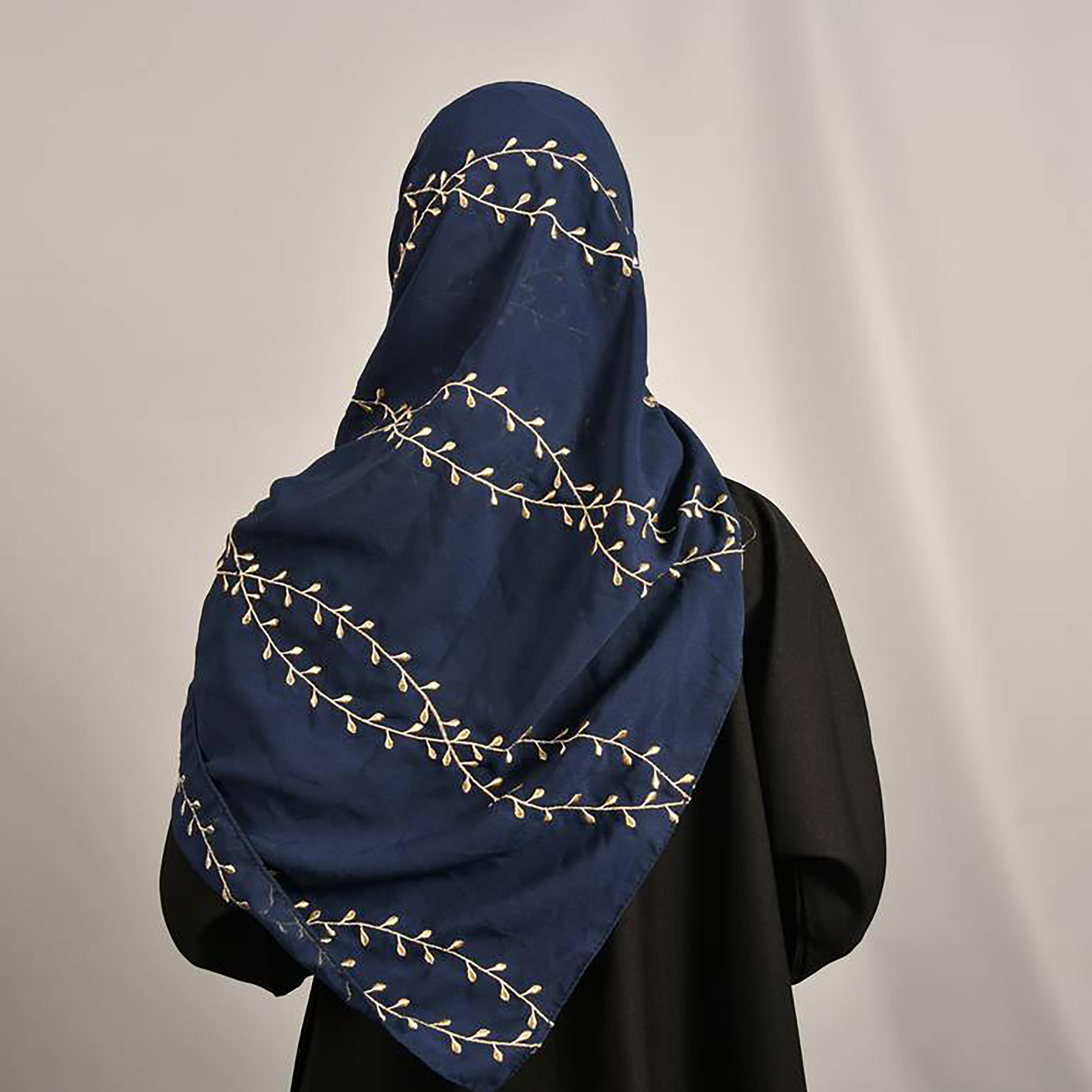 Hawraa Navy Blue Embroidered Satin Hijab-women-arabicclothing-headscarf-hijab-image-4
