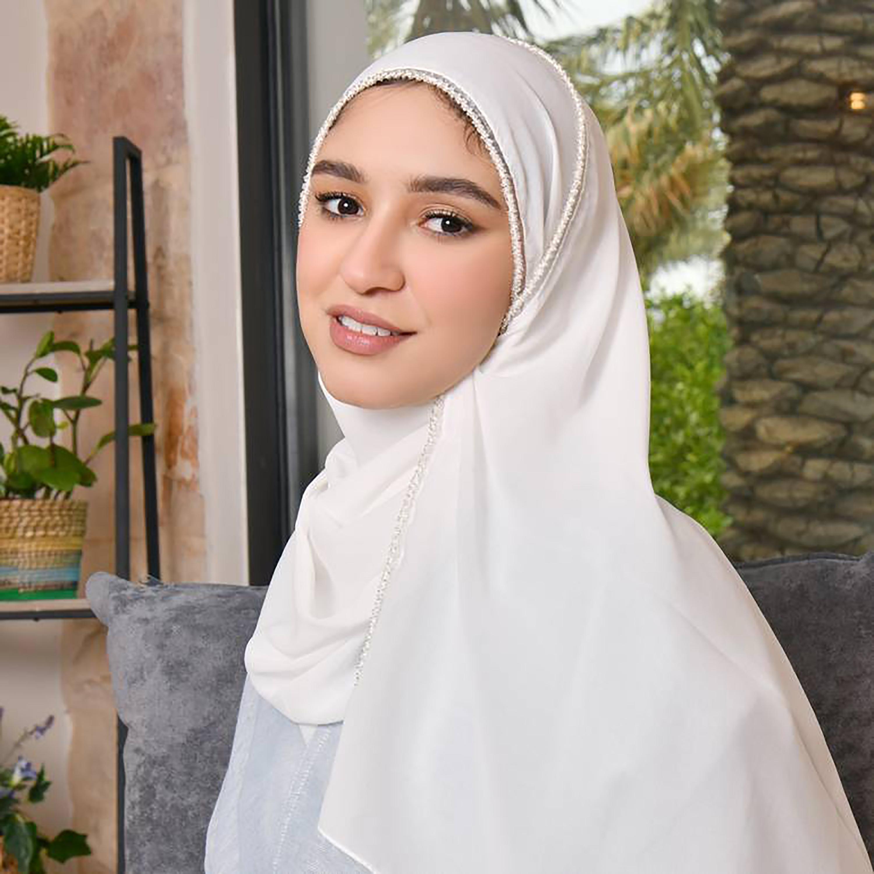 Hawraa White Beads Satin Hijab-women-arabicclothing-headscarf-hijab-image-1