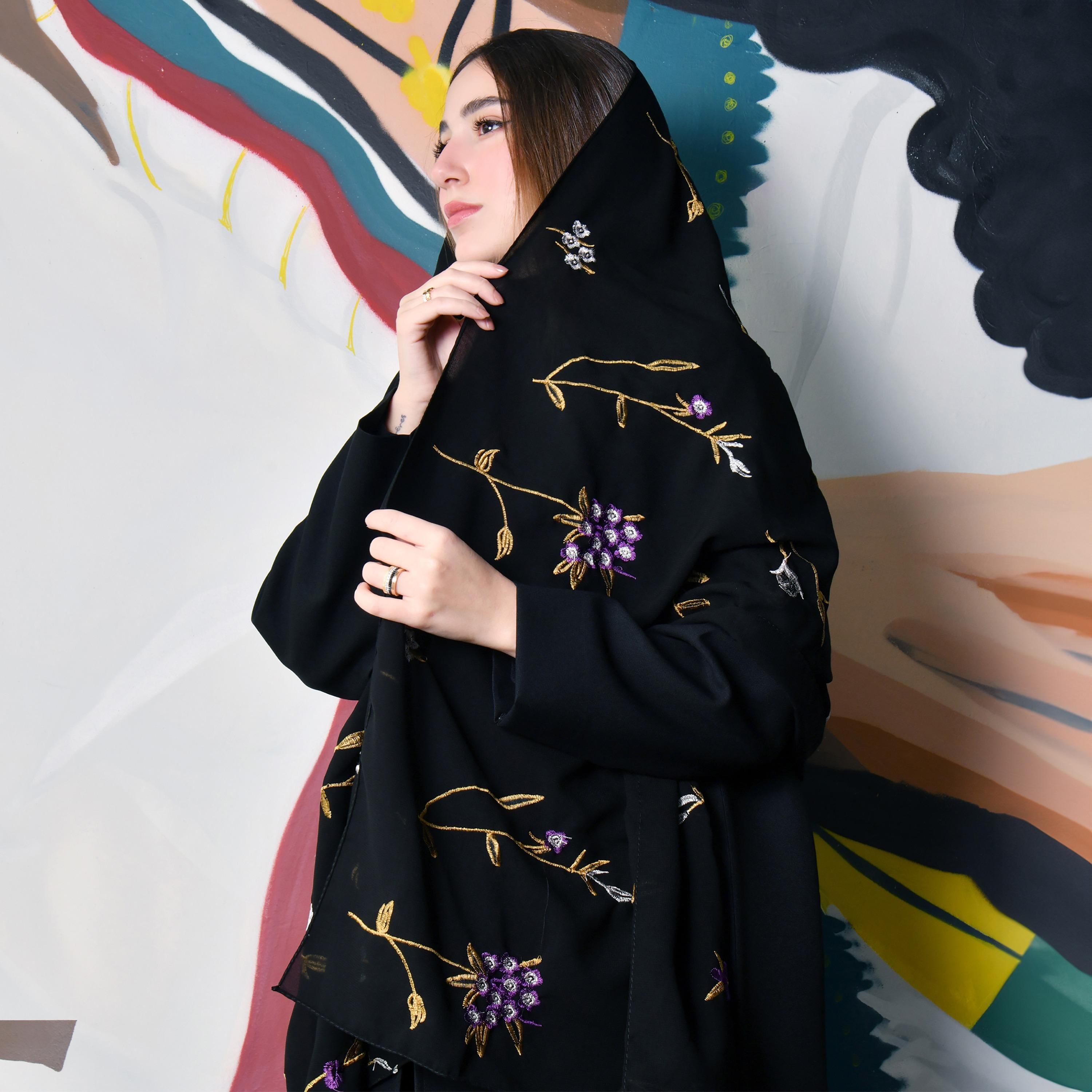 Hawraa Black Embroidered Satin Hijab-women-arabicclothing-headscarf-hijab-image-2