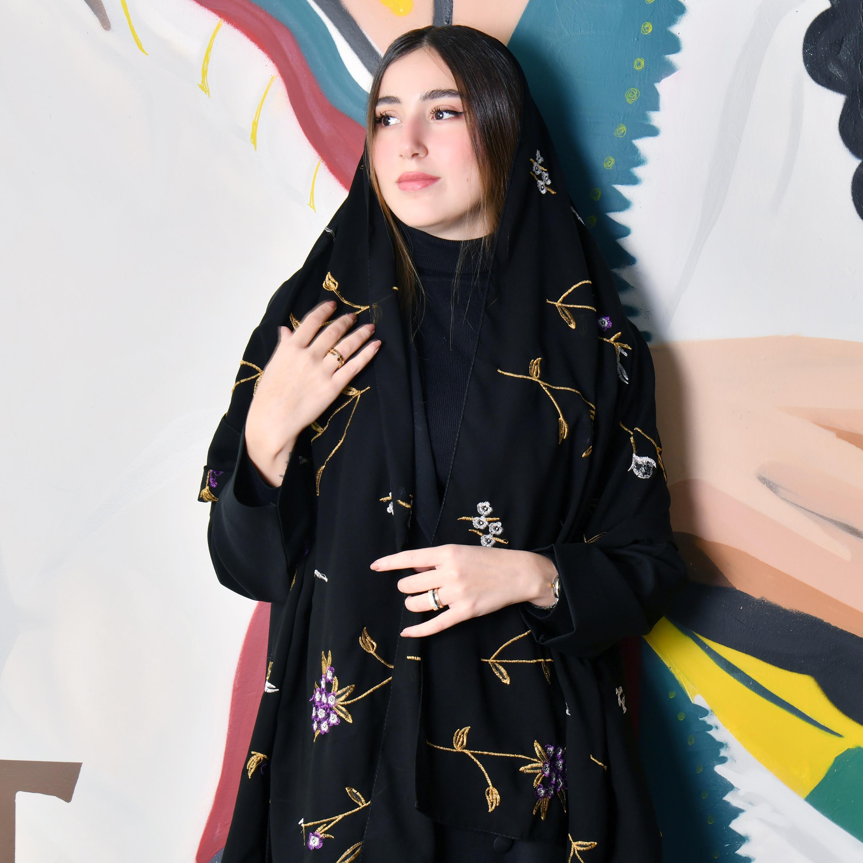Hawraa Black Embroidered Satin Hijab-women-arabicclothing-headscarf-hijab-image-3