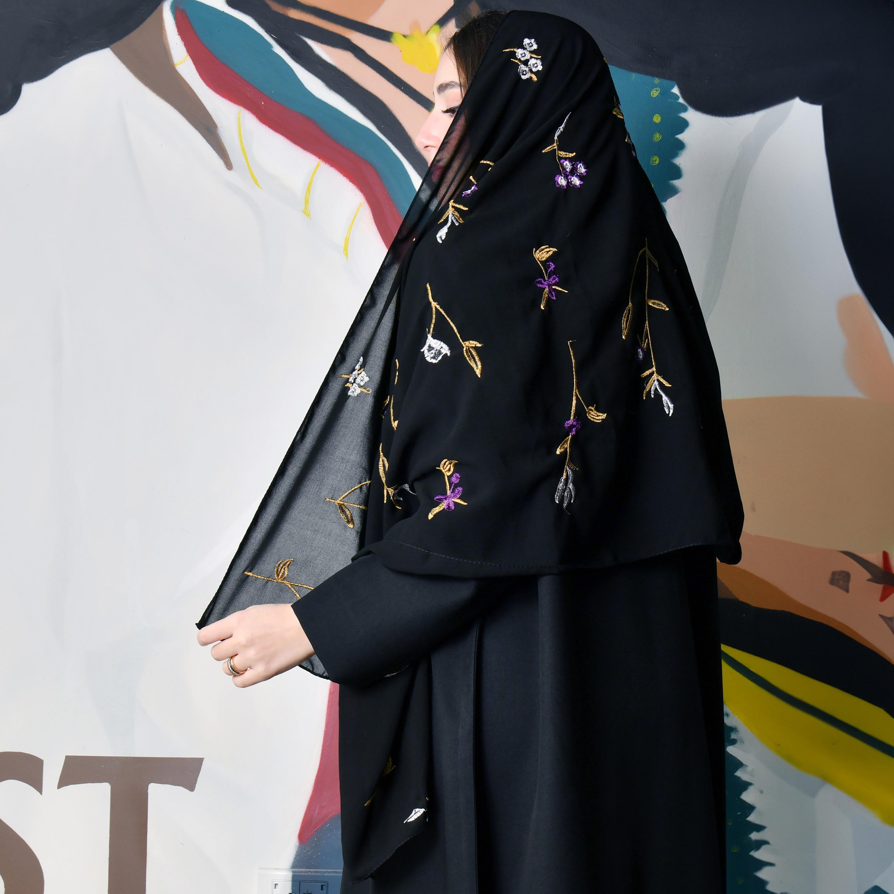 Hawraa Black Embroidered Satin Hijab-women-arabicclothing-headscarf-hijab-image-4