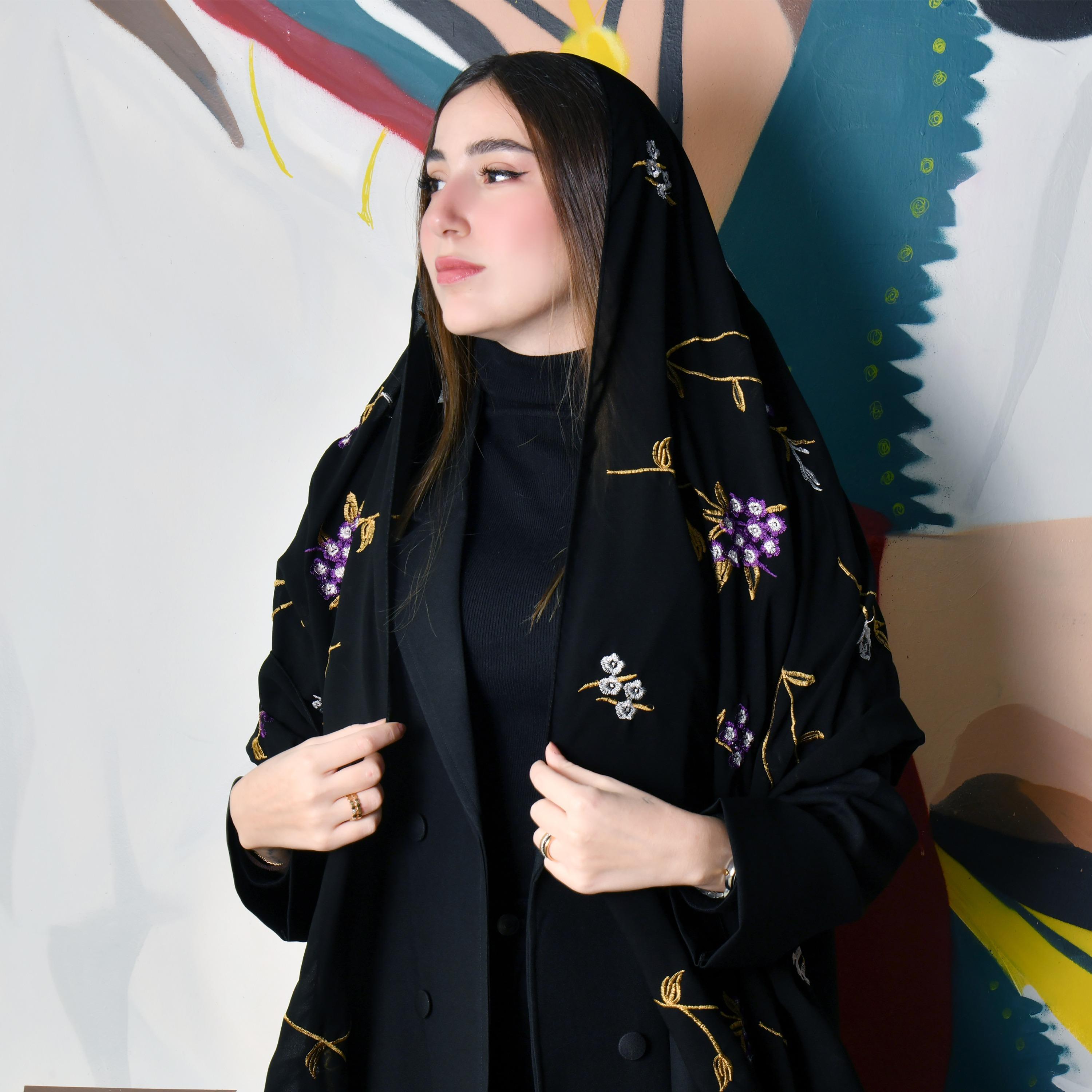 Hawraa Black Embroidered Satin Hijab-women-arabicclothing-headscarf-hijab-image-1