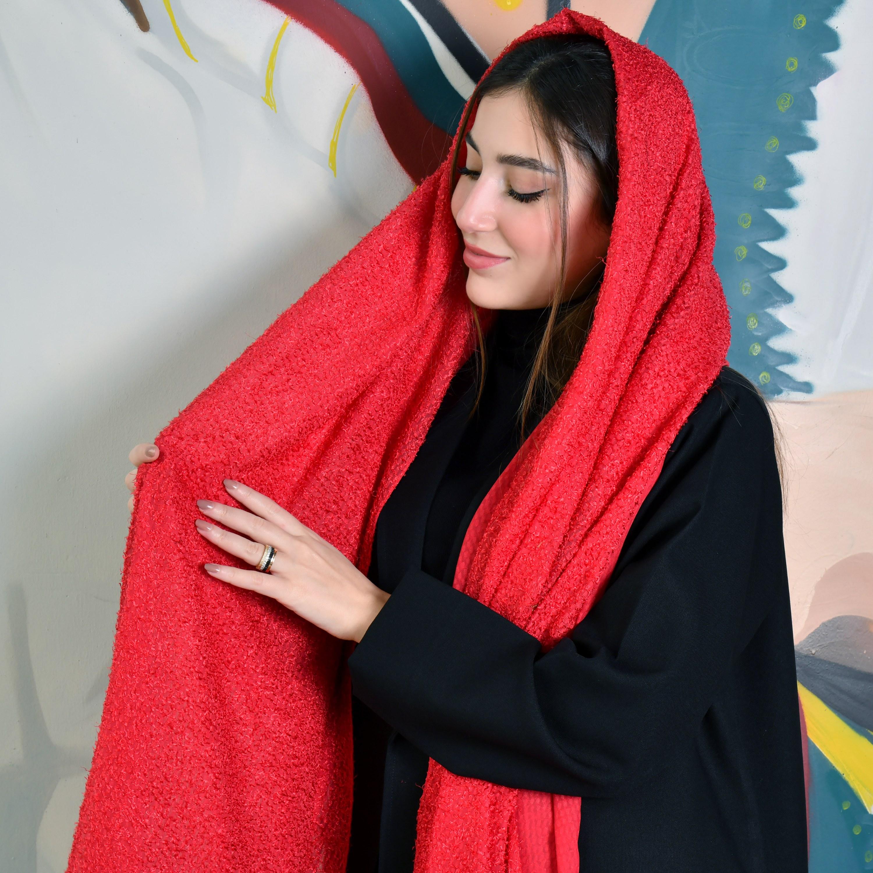 Hawraa Red Fluffy Self Design Crepe Hijab-women-arabicclothing-headscarf-hijab-image-1