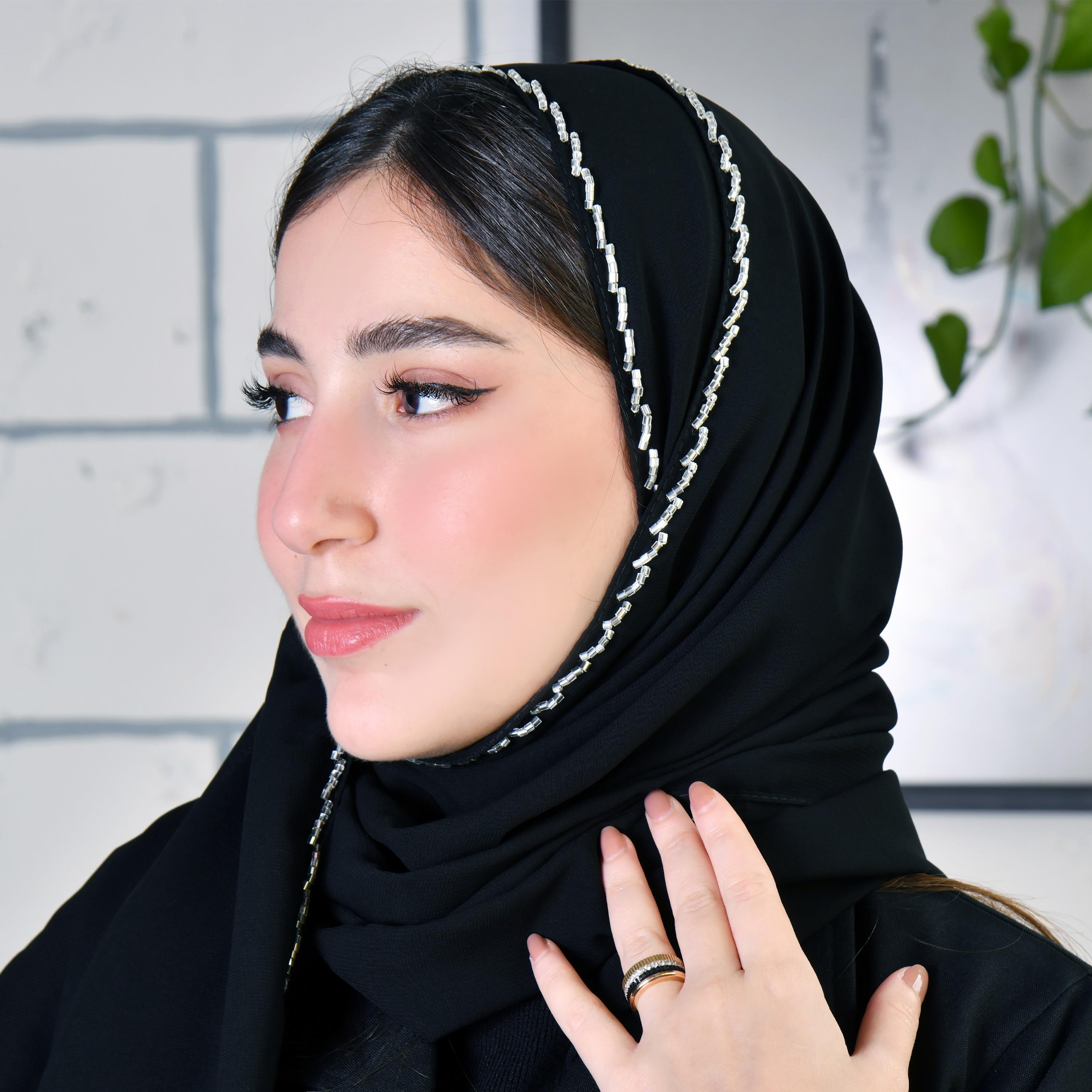 Hawraa Black Silver Beads Satin Hijab-women-arabicclothing-headscarf-hijab-image-1