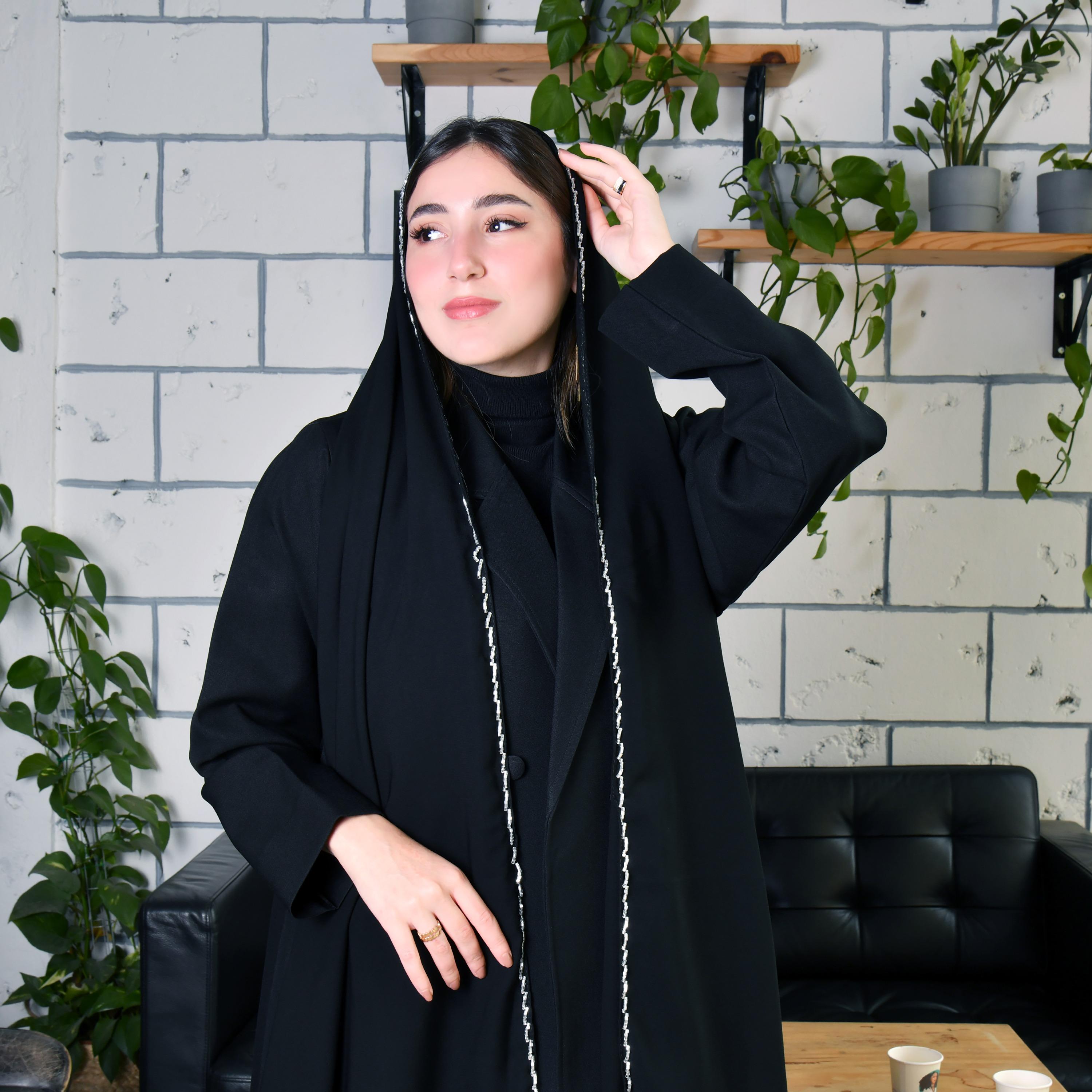Hawraa Black Silver Beads Satin Hijab-women-arabicclothing-headscarf-hijab-image-2