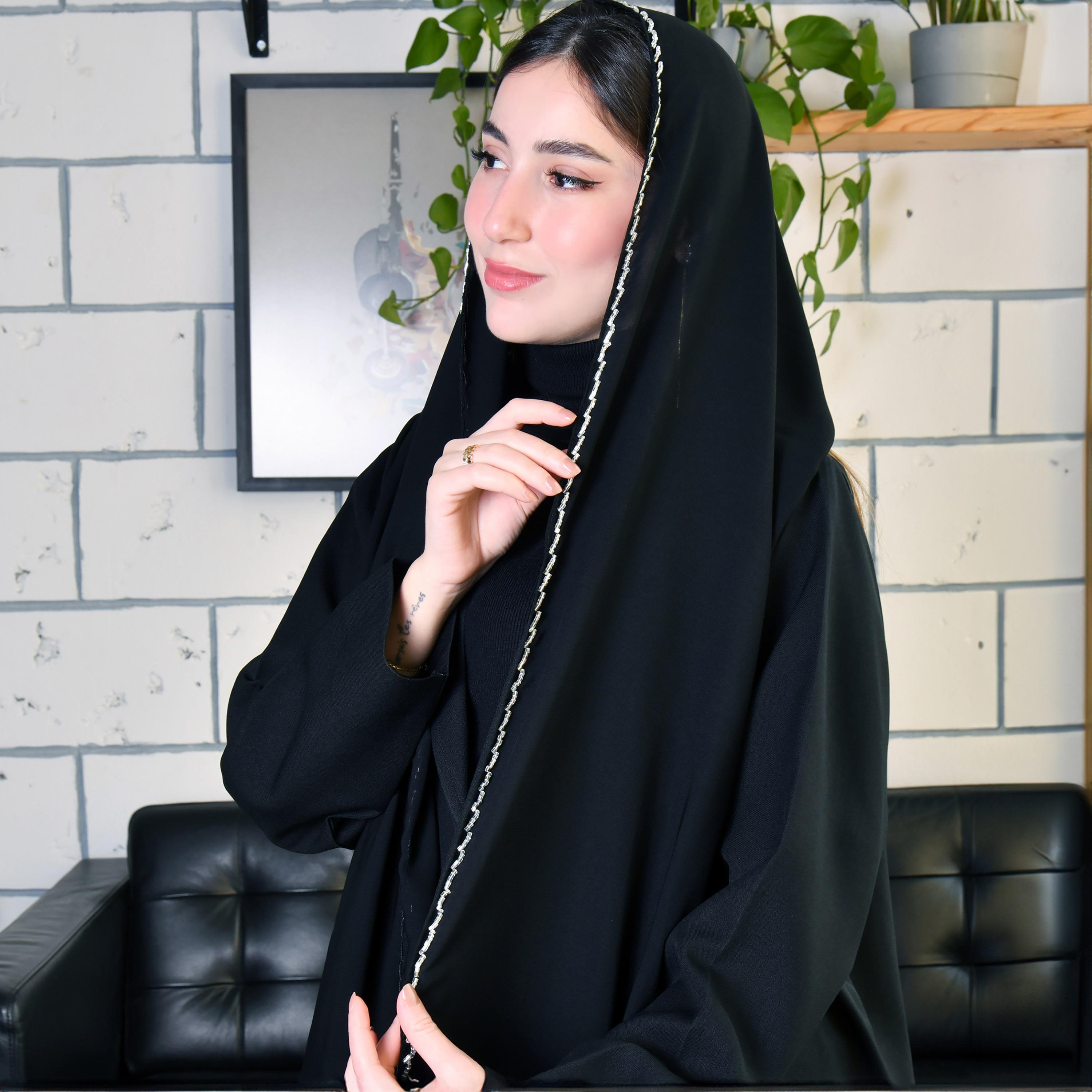 Hawraa Black Silver Beads Satin Hijab-women-arabicclothing-headscarf-hijab-image-3