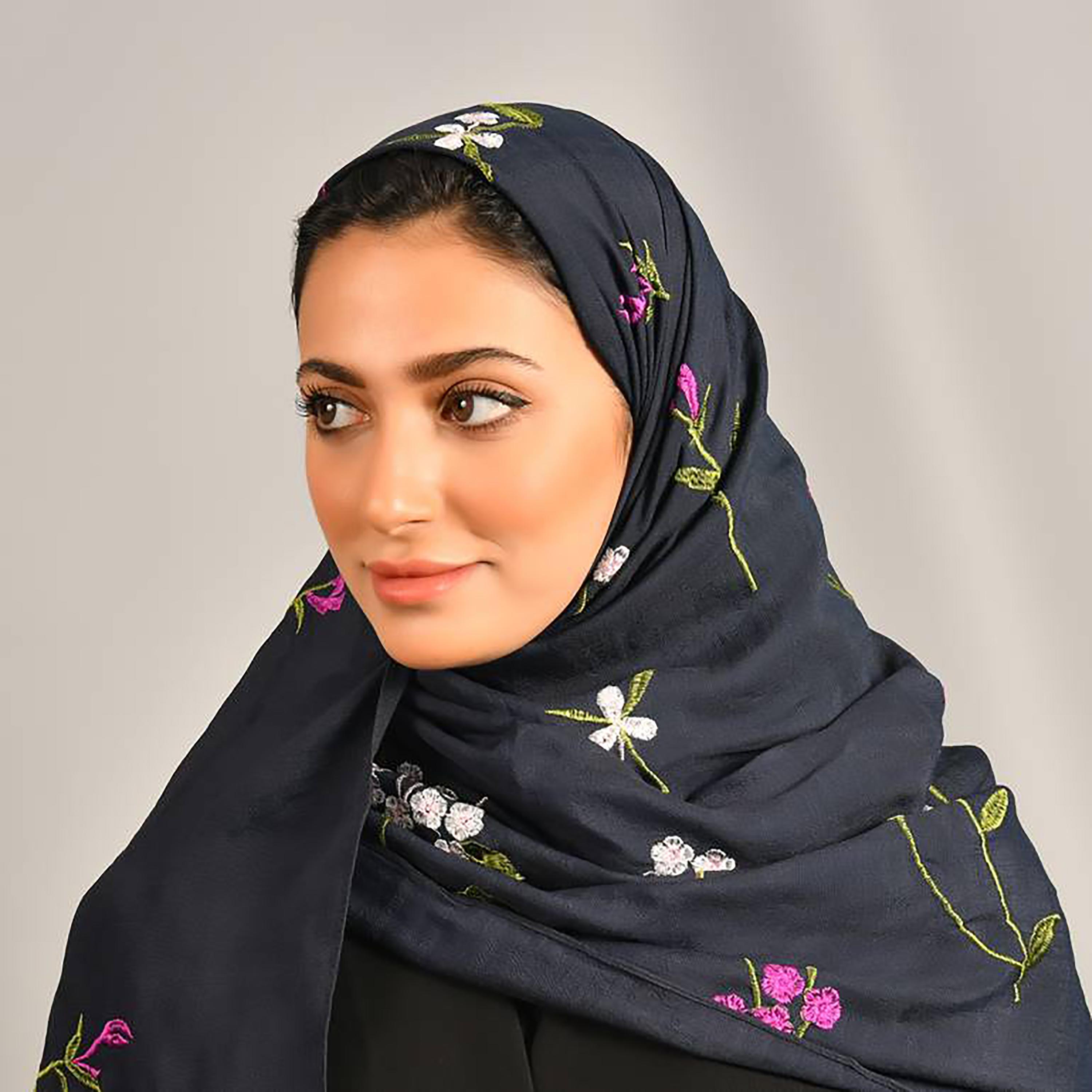 Hawraa Navy Blue Embroidered Crepe Hijab-women-arabicclothing-headscarf-hijab-image-3