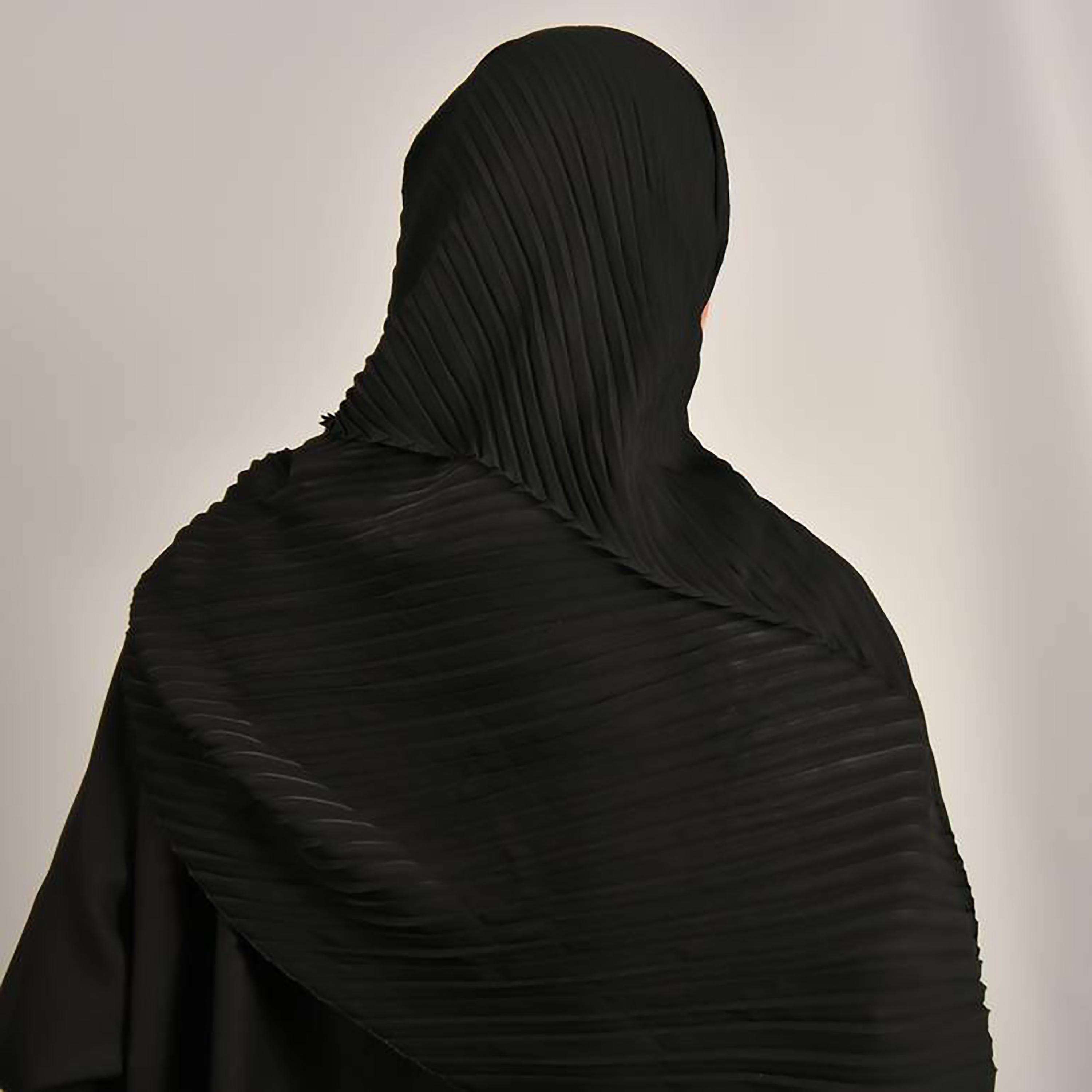 Hawraa Black Arrow Pleats Satin Hijab-women-arabicclothing-headscarf-hijab-image-3