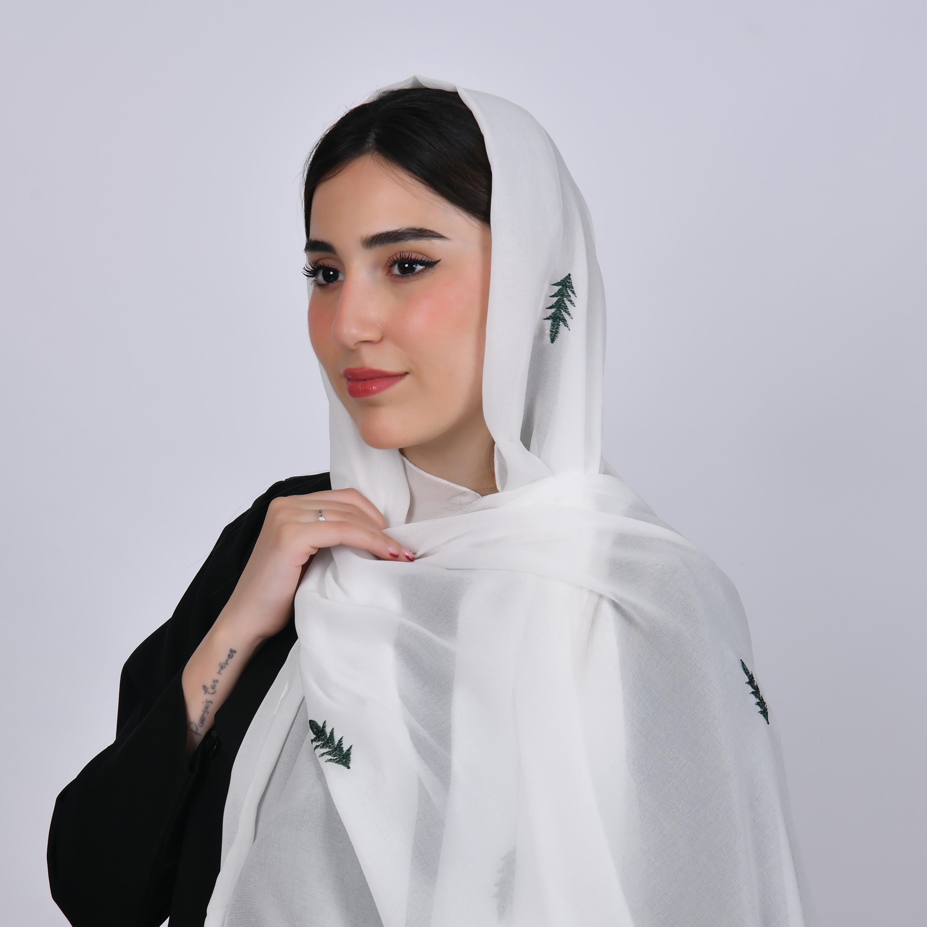 Hawraa White Embroidered Satin Hijab-women-arabicclothing-headscarf-hijab-image-1