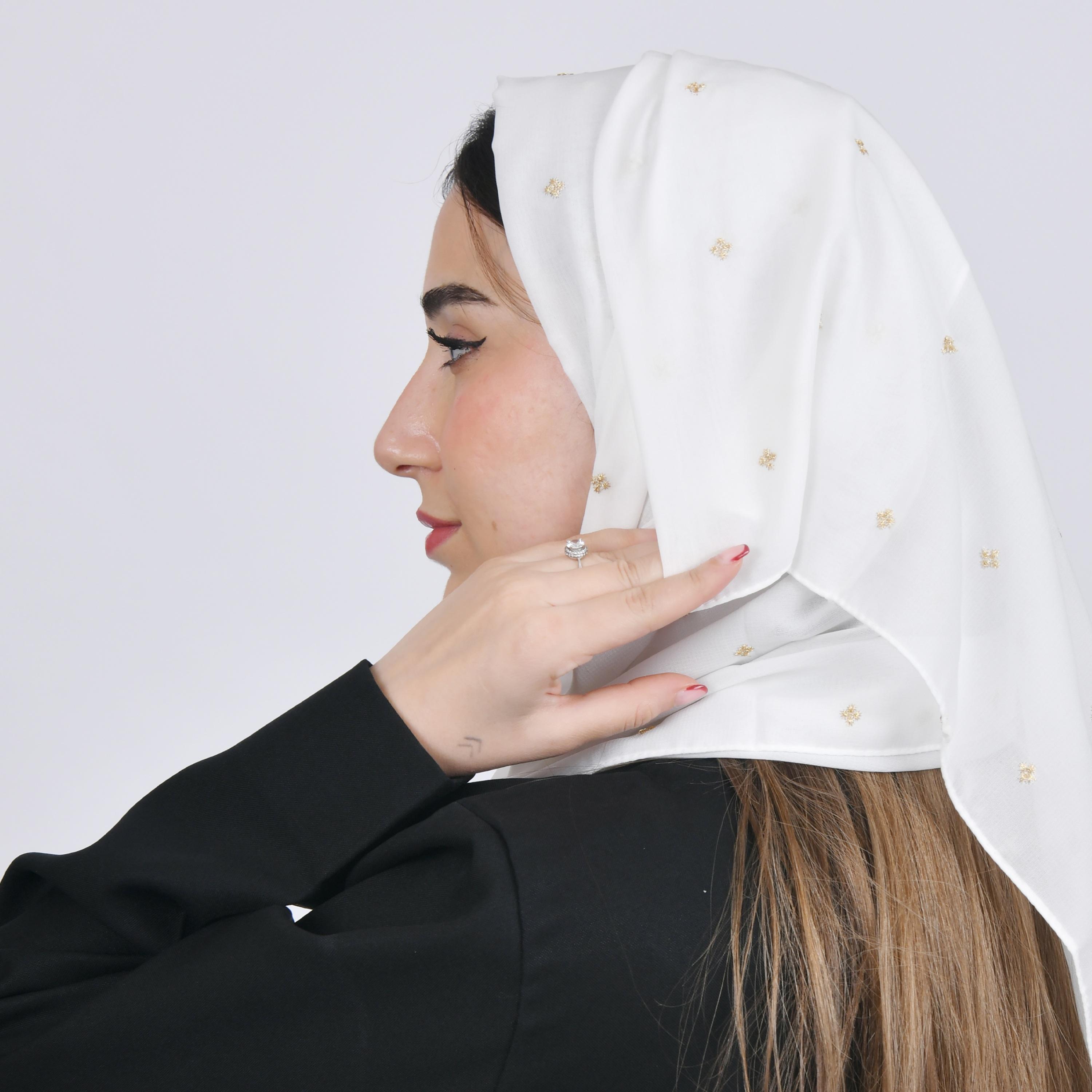 Hawraa White Golden Embroidered Satin Hijab-women-arabicclothing-headscarf-hijab-image-2