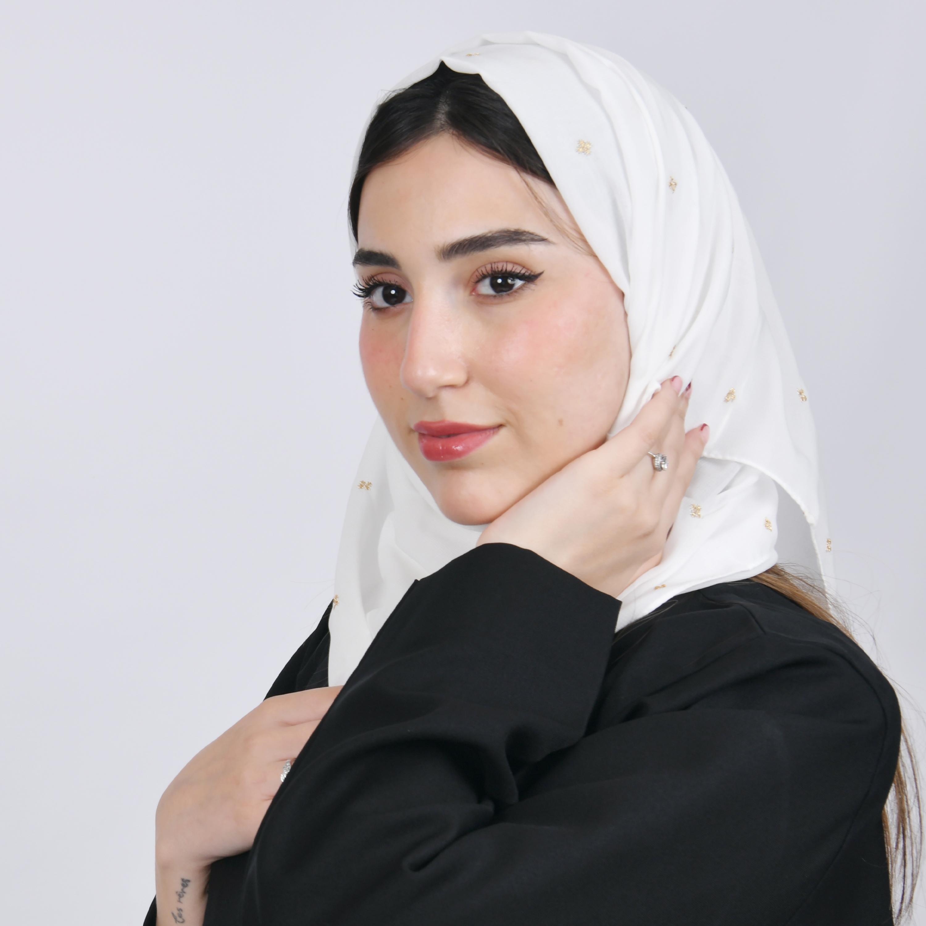 Hawraa White Golden Embroidered Satin Hijab-women-arabicclothing-headscarf-hijab-image-3