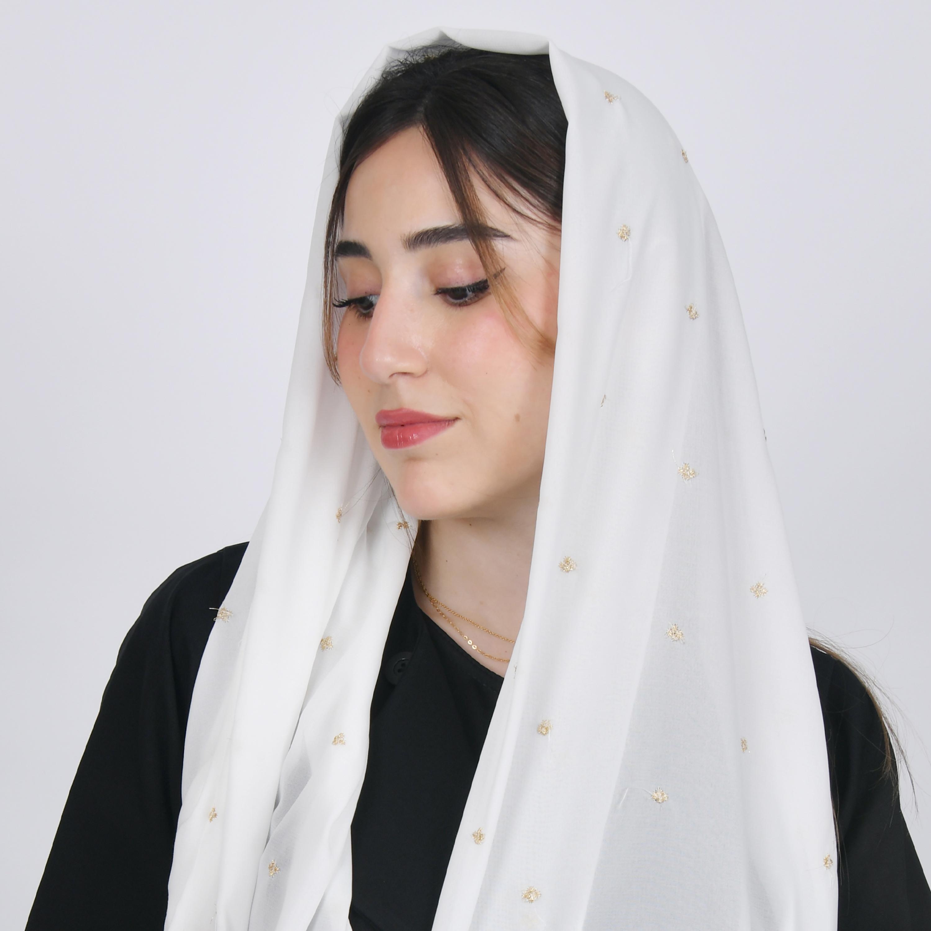 Hawraa White Golden Embroidered Satin Hijab-women-arabicclothing-headscarf-hijab-image-4