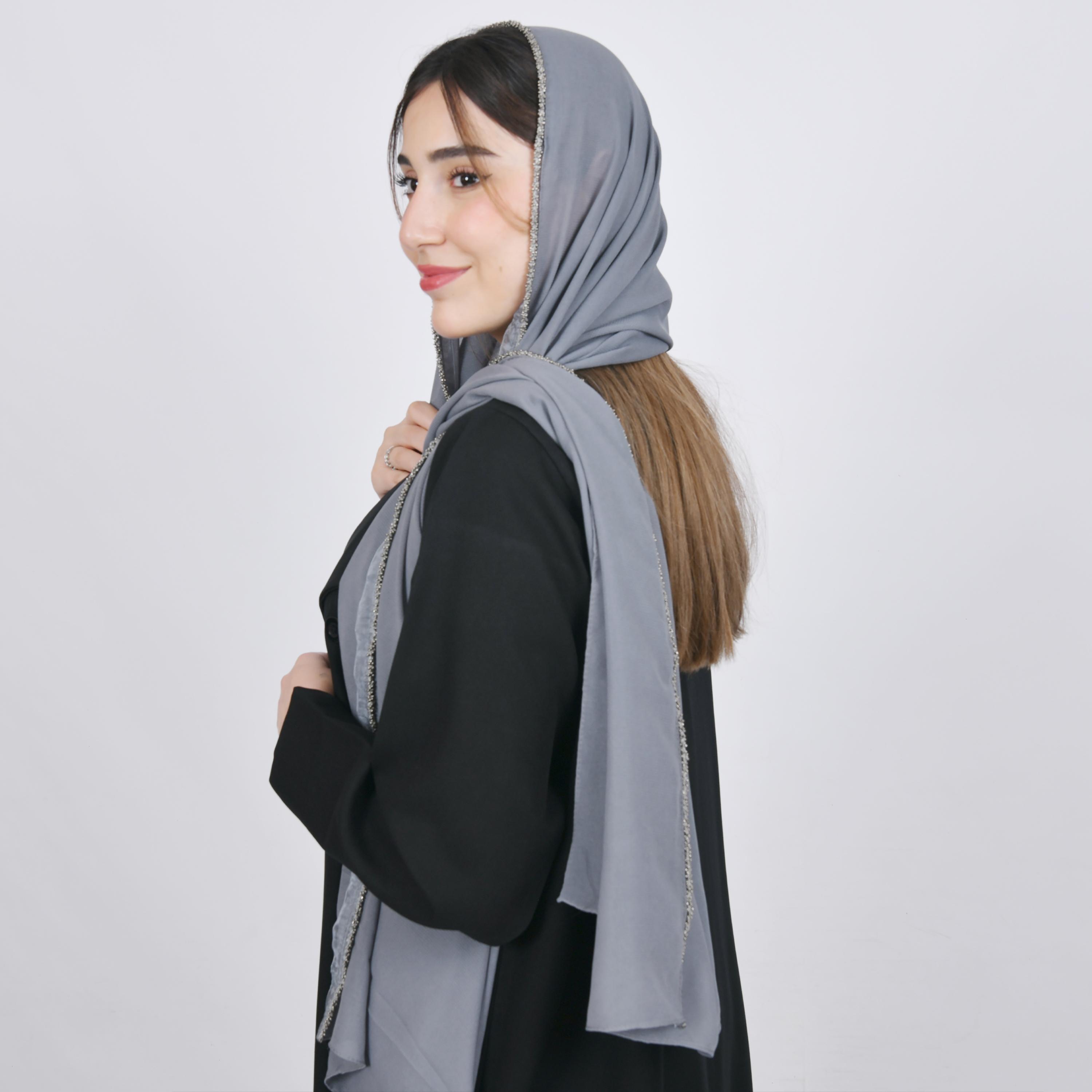 Hawraa Grey Beaded Satin Hijab-women-arabicclothing-headscarf-hijab-image-3