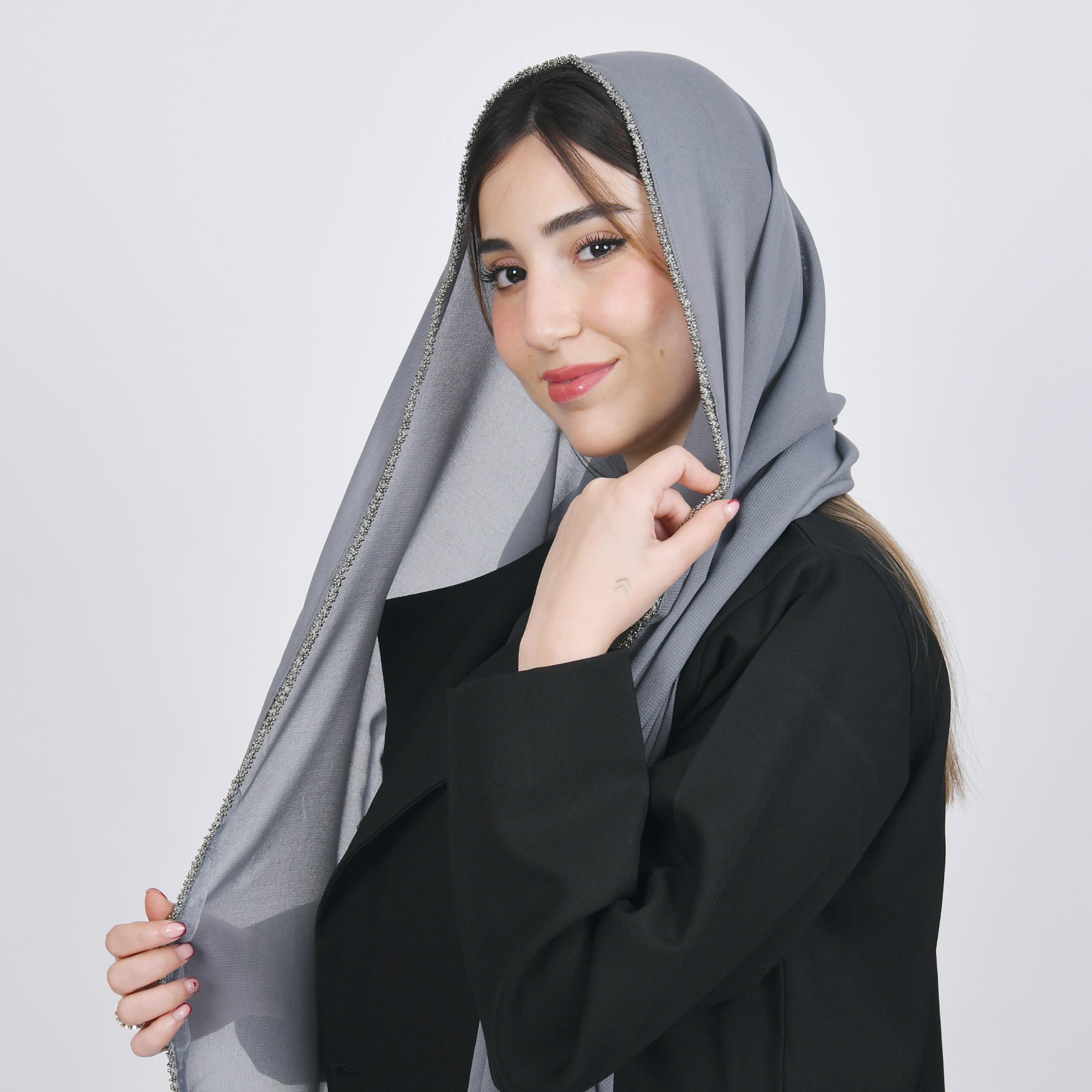 Hawraa Grey Beaded Satin Hijab-women-arabicclothing-headscarf-hijab-image-4