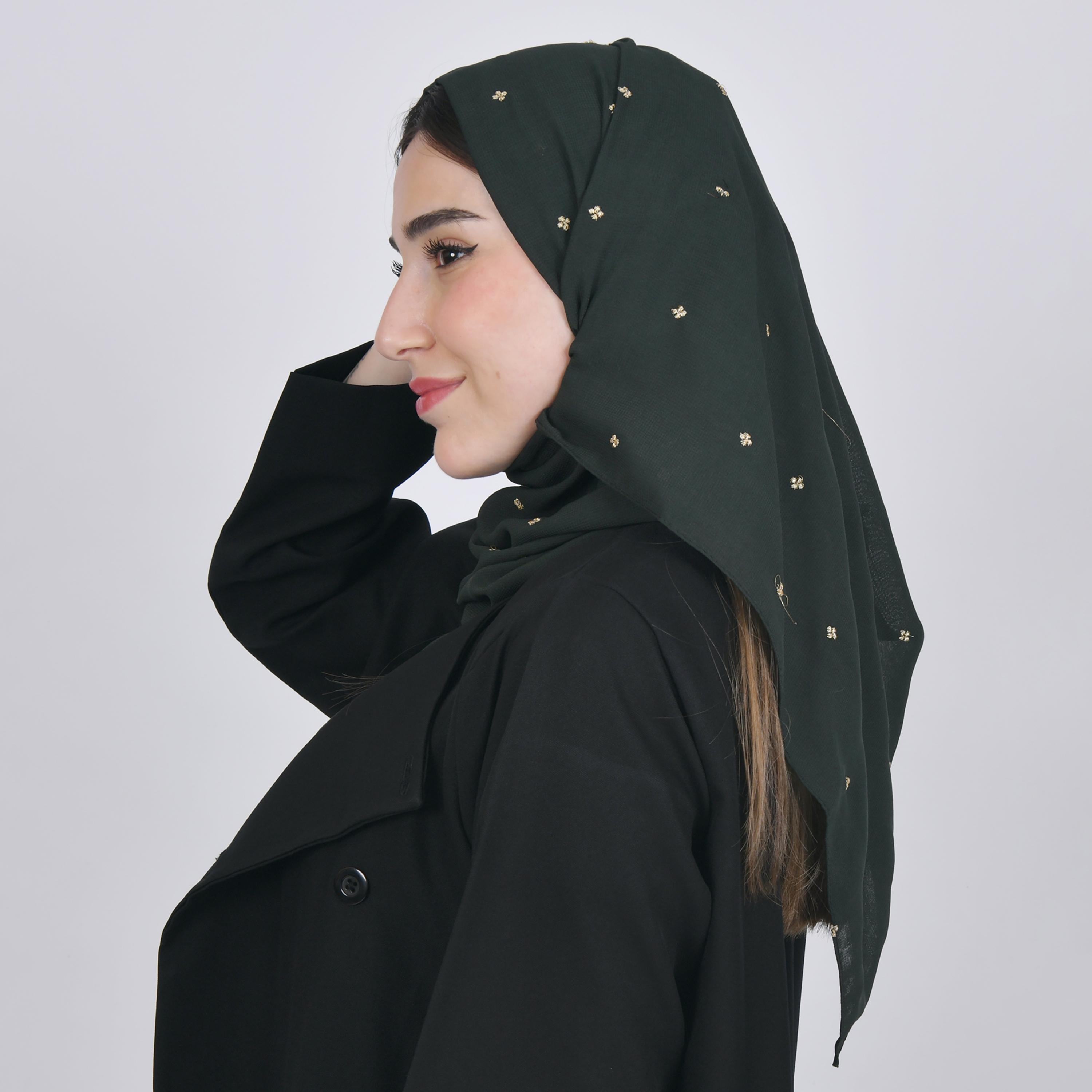 Hawraa Olive Green Embroidered Satin Hijab-women-arabicclothing-headscarf-hijab-image-2