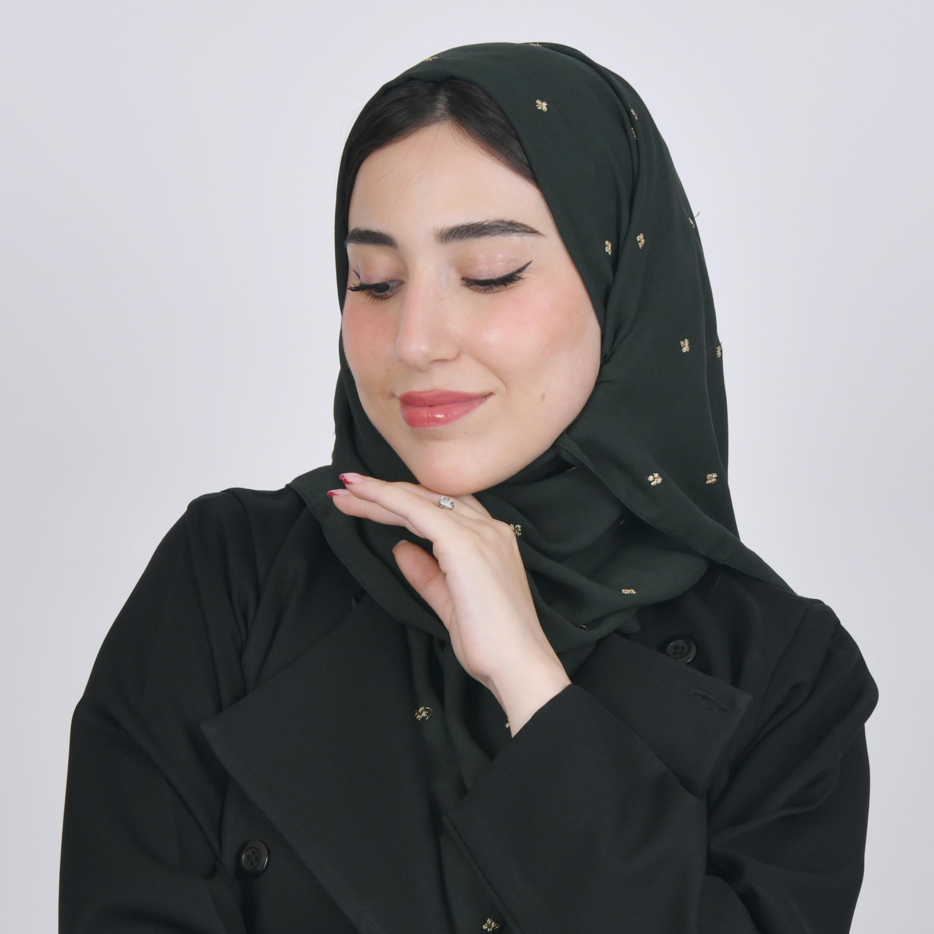 Hawraa Olive Green Embroidered Satin Hijab-women-arabicclothing-headscarf-hijab-image-1