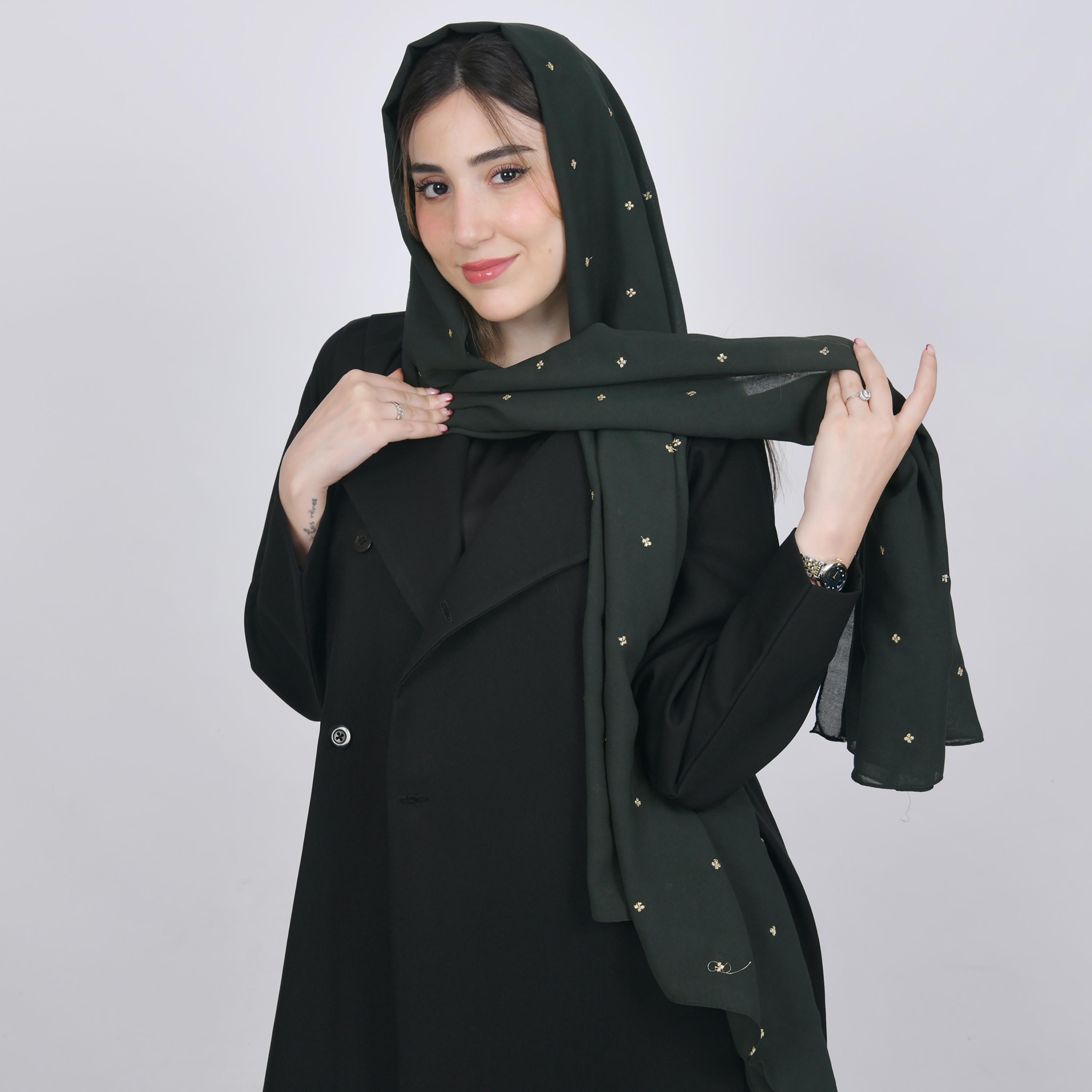 Hawraa Olive Green Embroidered Satin Hijab-women-arabicclothing-headscarf-hijab-image-3