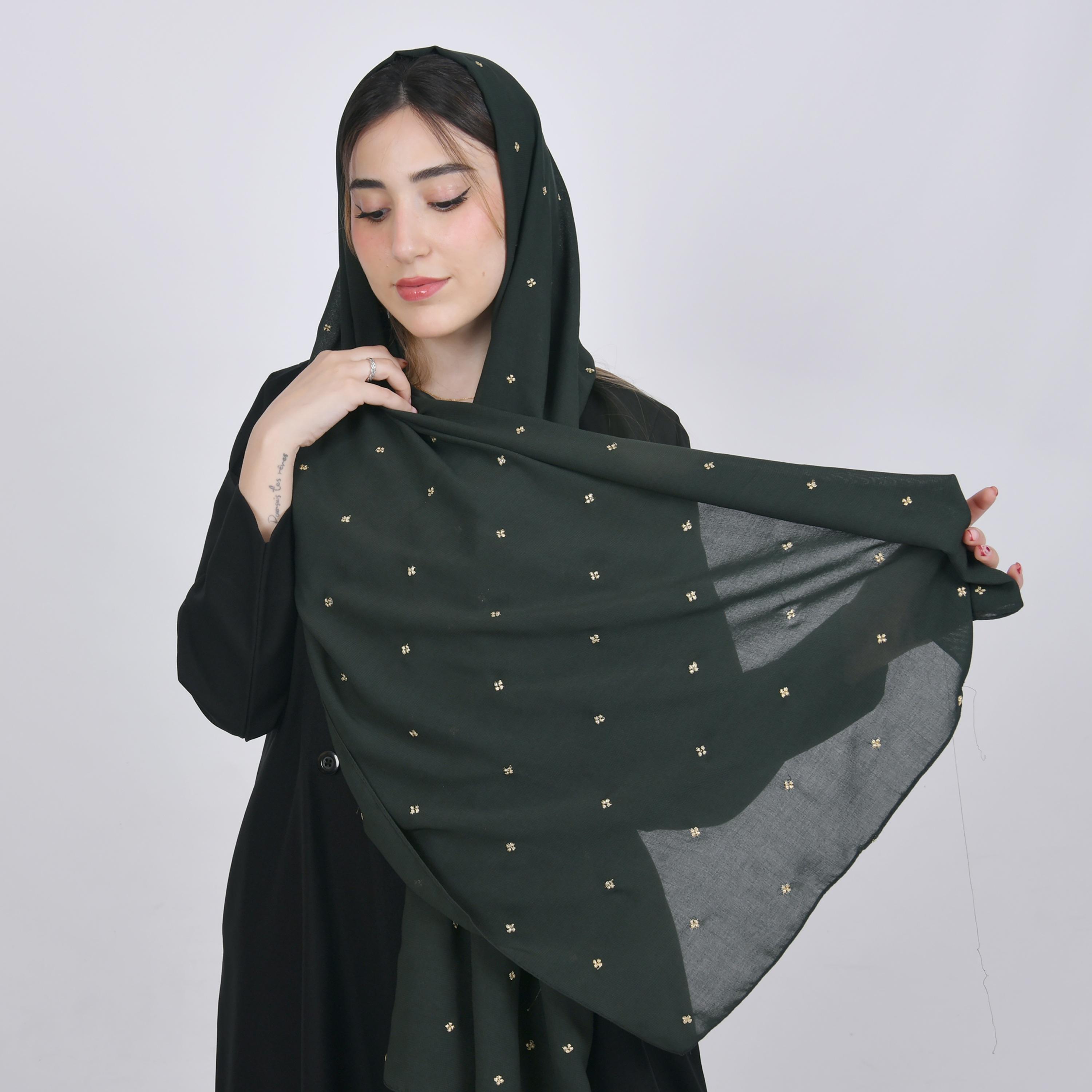 Hawraa Olive Green Embroidered Satin Hijab-women-arabicclothing-headscarf-hijab-image-4