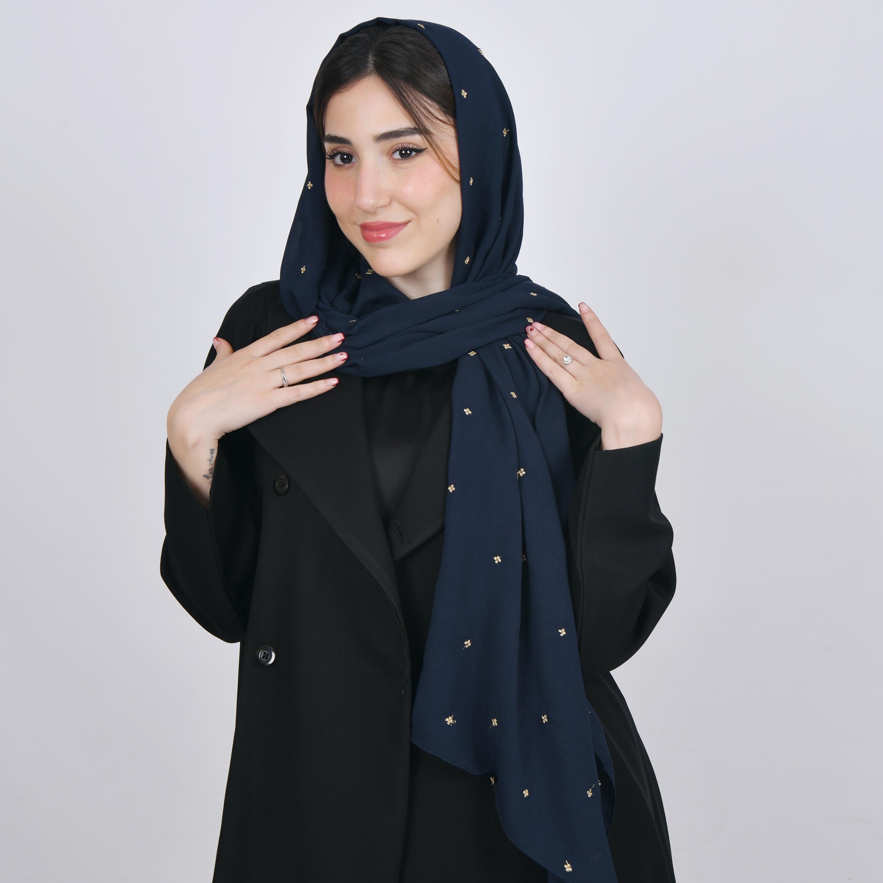 Hawraa Navy Blue Embroidered Satin Hijab-women-arabicclothing-headscarf-hijab-image-2
