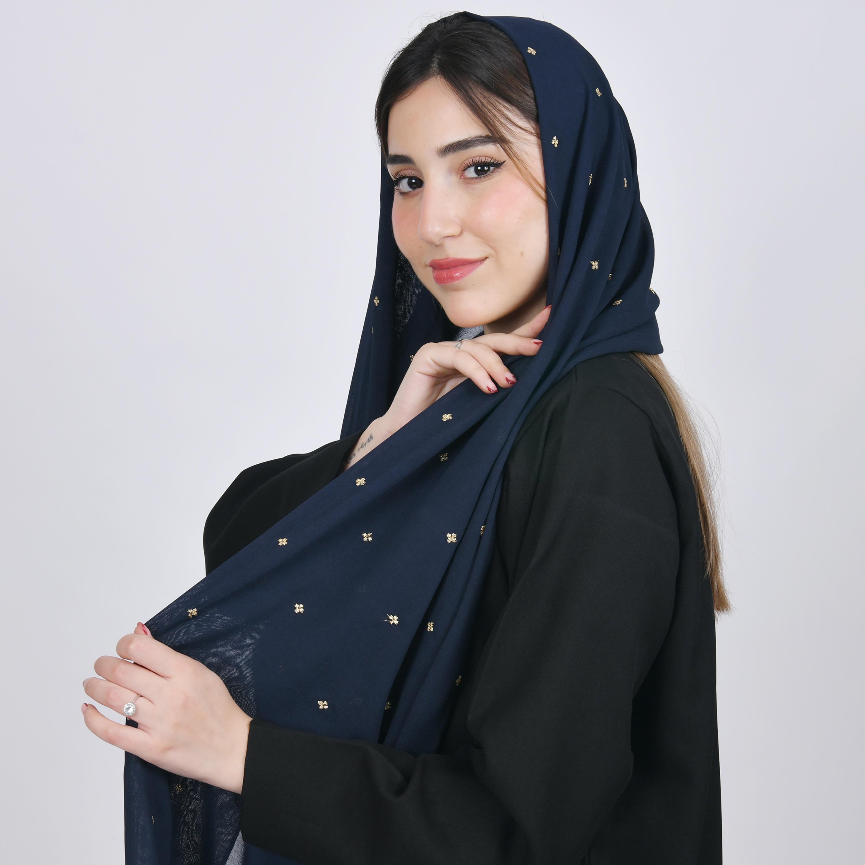 Hawraa Navy Blue Embroidered Satin Hijab-women-arabicclothing-headscarf-hijab-image-3